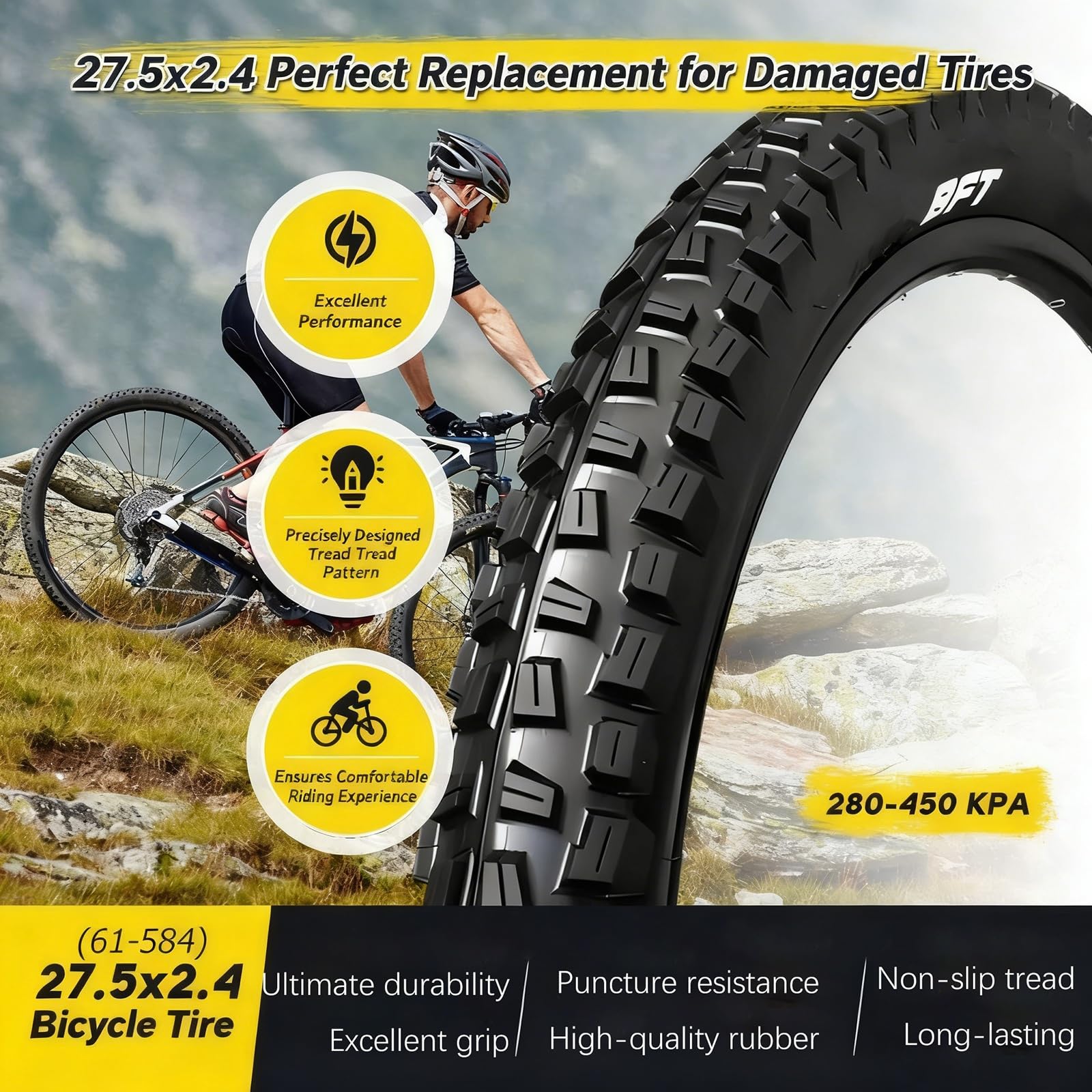 2PCS 27.5x2.4 Opon Rowerowych Odpornych na Przebicia, Gotowe do Tubeless, Trwała Mieszanka Gumowa, Kompatybilne z Większością Rowerów Górskich i Miejskich