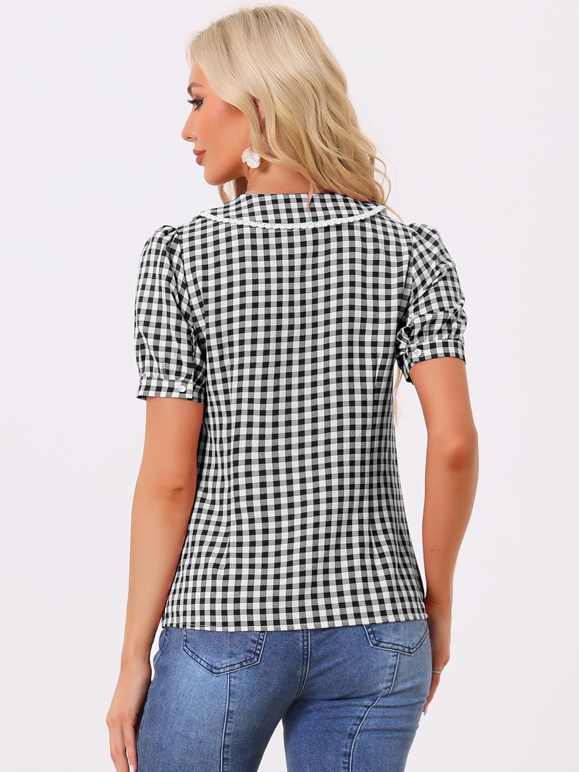 Allegra K Women's Summer Gingham Top Short Sleeve Button Down Peter Pan Collar Plaid Shirt - Image 4
