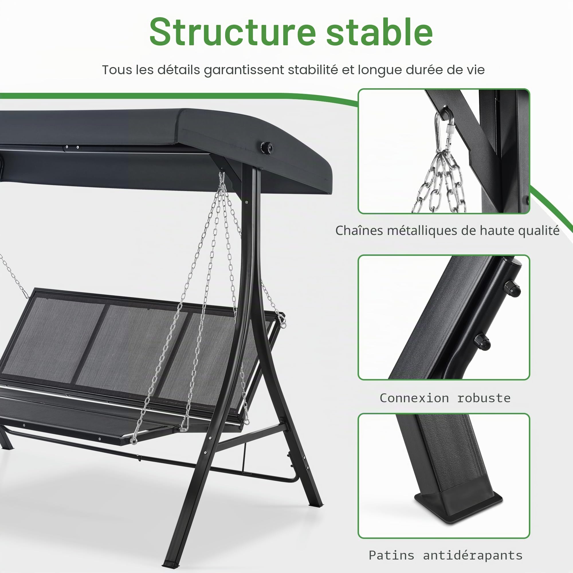 M MCombo Balançoire Hollywood avec Fonction inclinable, balançoire de Jardin 3 Places résistante aux intempéries, Banc balançoire avec chaînes en métal, Toit réglable, 8018 (Gris Gel foncé)