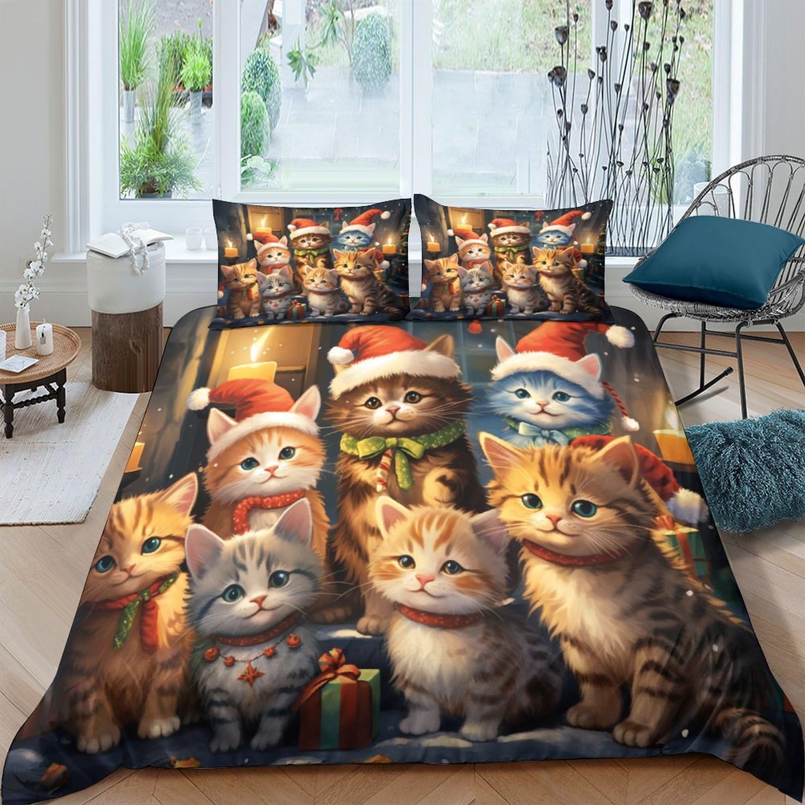 Housse de couette Noël chat imprimé 3D microfibre de lit