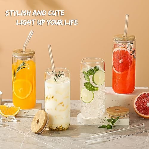 Miniatura 3 de SENTVEND Vasos de 20 onzas con tapas de bambú y popote de vidrio, 8 vasos de vidrio en forma de lata, vasos de cerveza y café helado, lindo vaso