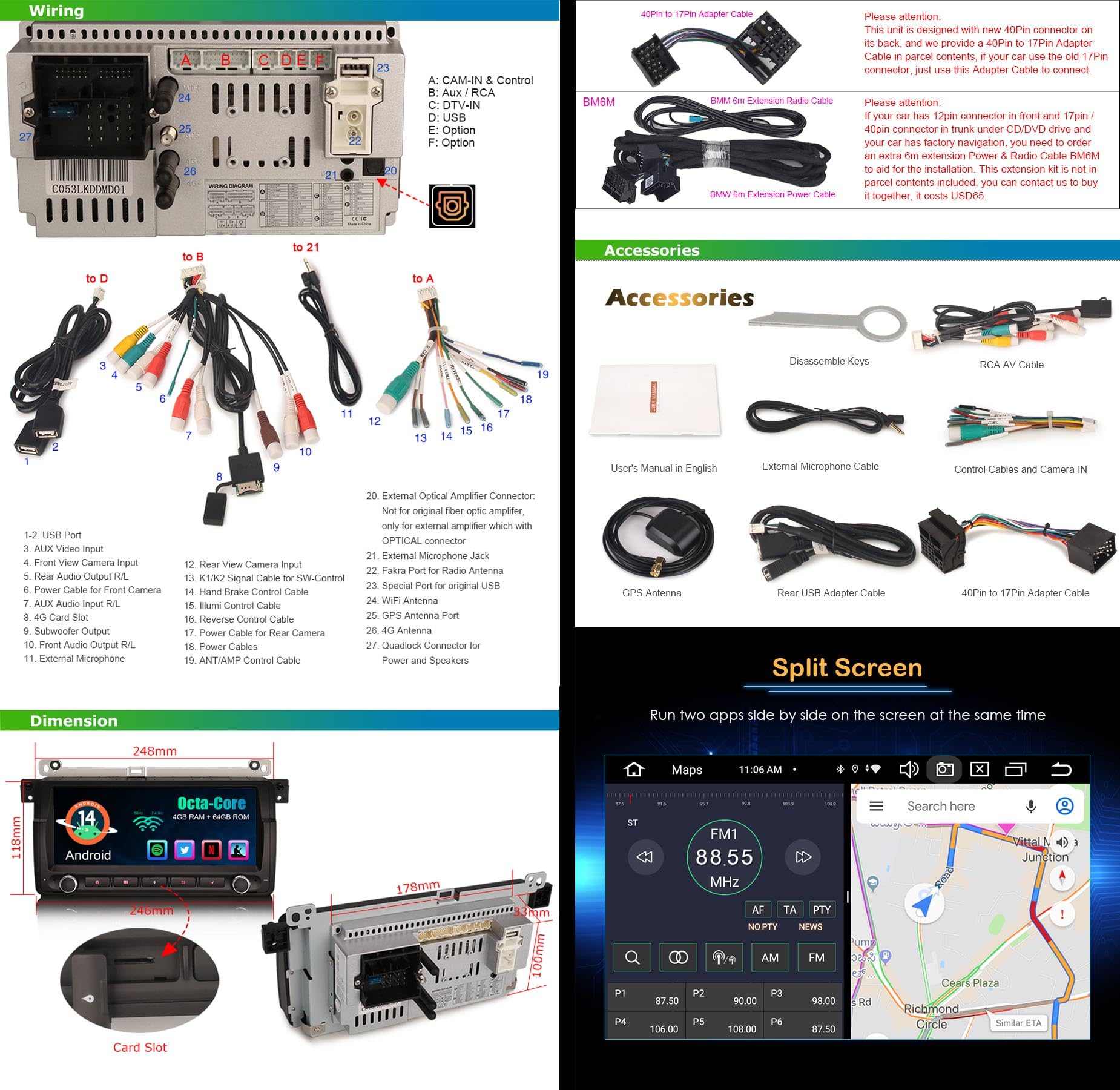 Erisin 8.8 Pulgadas Android 14 Radio Coche Estéreo de Automóvil para BMW Serie 3 E46 Rover 75 M3 MG ZT Soporte GPS Carplay Android Auto DSP Bluetooth WiFi Dab + TPMS 8-Core 4GB RAM + 64GB ROM