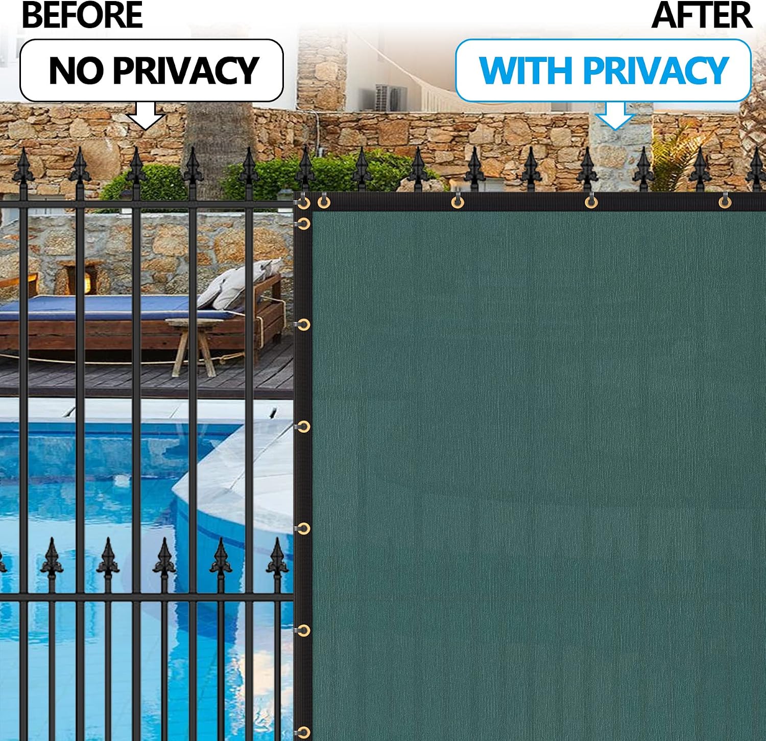 F2C 6' x 50' Privacy Screen Fence Outdoor Backyard Shade Windscreen Mesh Fabric with Heavy Duty Brass Grommets Commercial Grade 150GSM, Blackish Green
