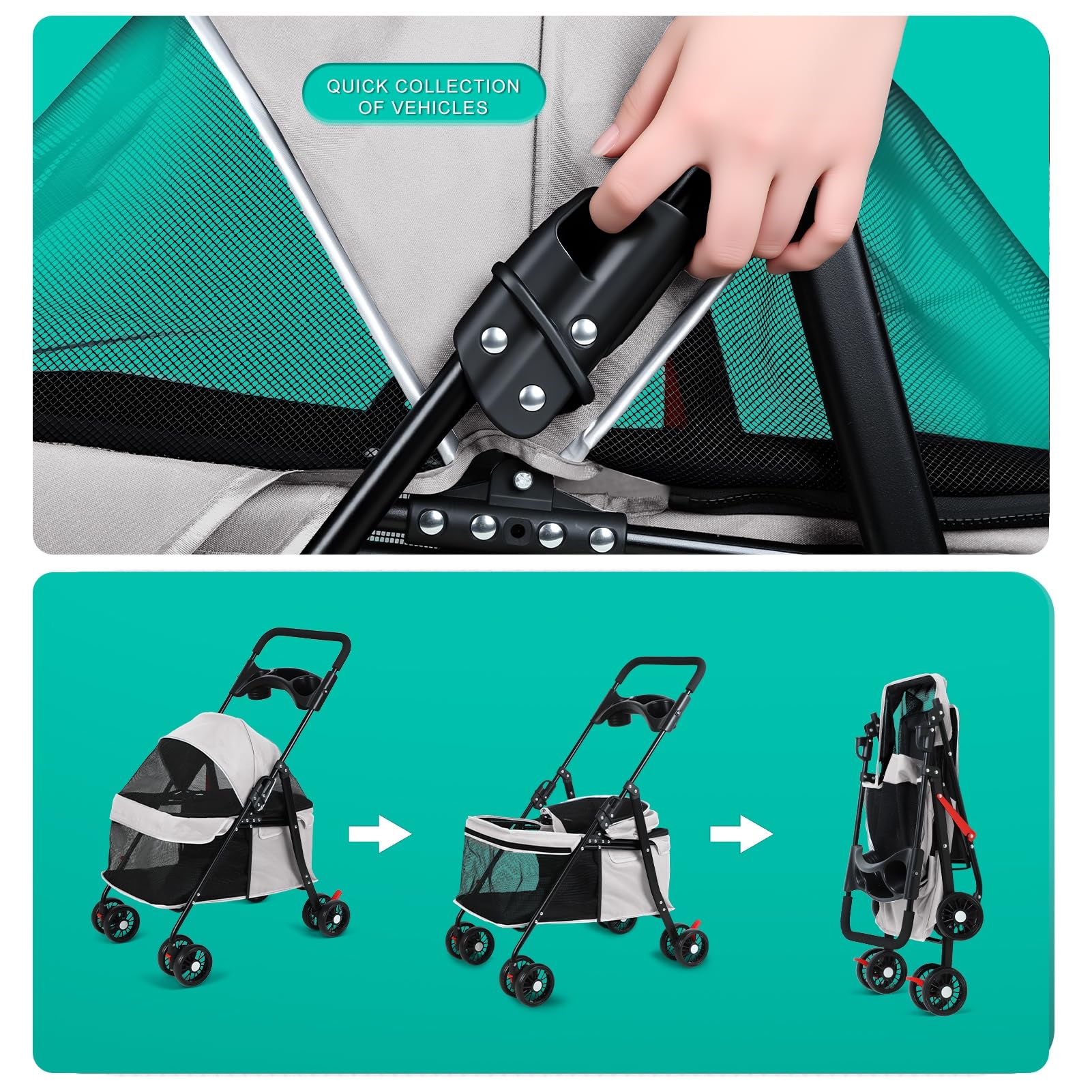 Cochecito para perros y gatos con portavasos, cochecitos plegables para perros pequeños, cochecitos medianos, cochecitos pequeños para mascotas, malla transpirable y visible, hasta 22 libras, color