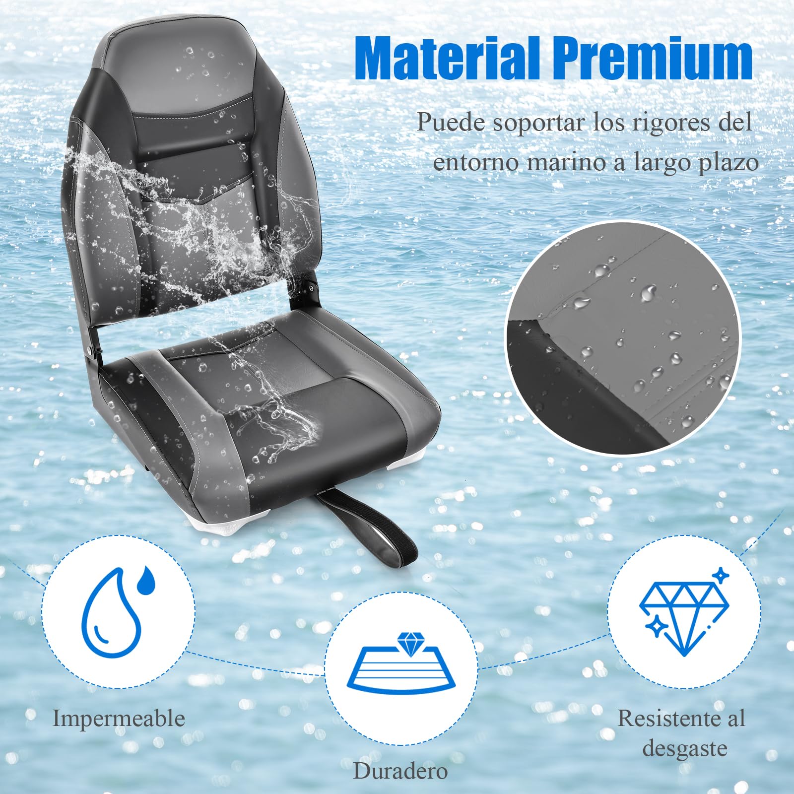 GOPLUS Juego de 2 Asientos de Barco 1PC Asiento de Pesca Plegable con Cojín Acolchado Suave y Costuras Reforzadas, Diseño Ergonómico 115KG de Capacidad para la Pesca en Yate (Negro)
