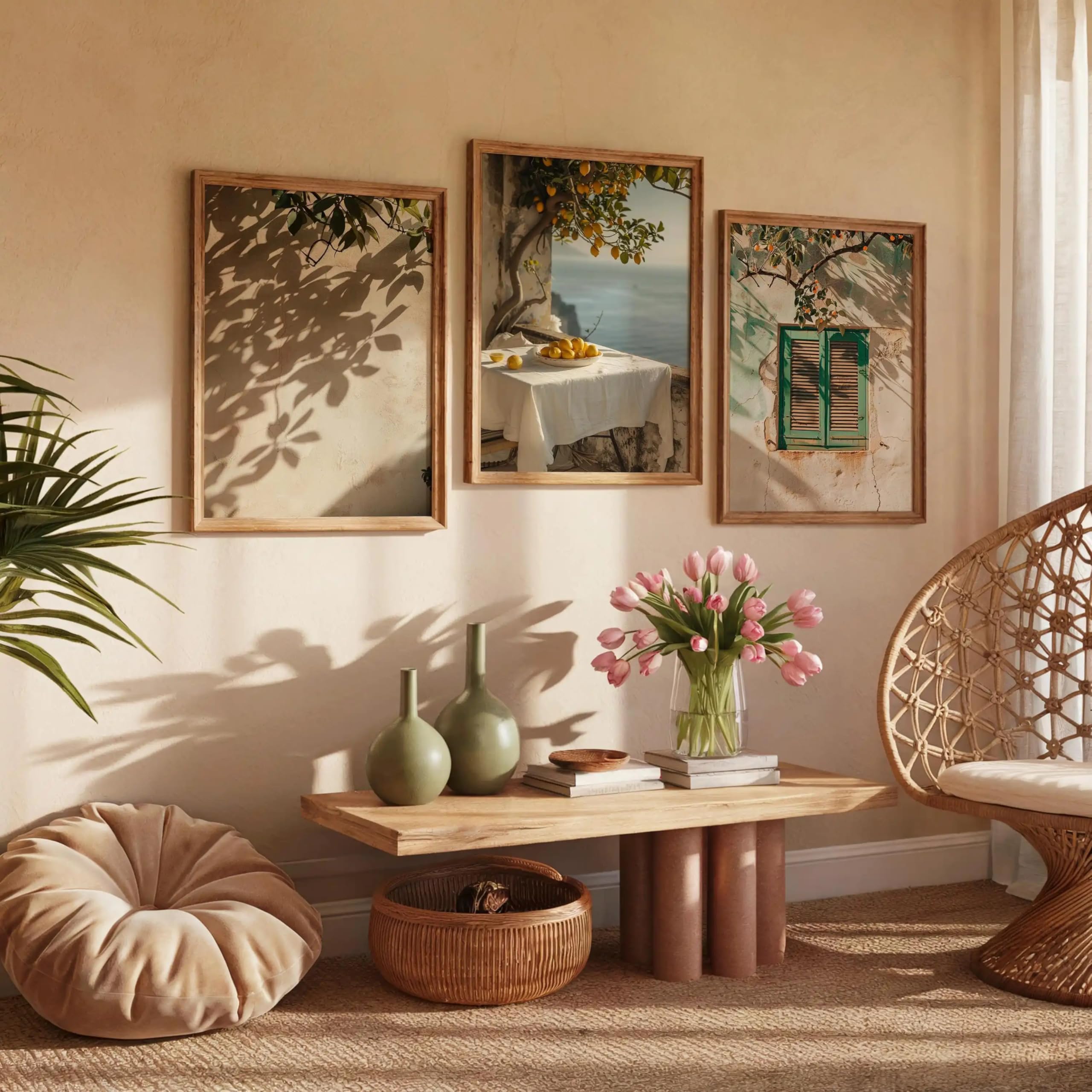 SDVIB Vintage Italian Coastal Lemon Tree Canvas Wall Art Mediterranean Amalfi Coast Prints for Warm Home Decor Canvas Prints(50x70cm/3PCS Frameless)