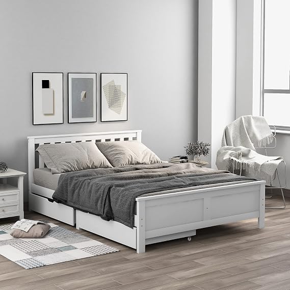 Wooden Solid White Pine Storage Bed with Drawers, 4FT6 Double Bed Frame 190x135cm, Durable Slatted Base, Modern Design for Adults, Kids, and Teenagers (White) - NO MATRESS