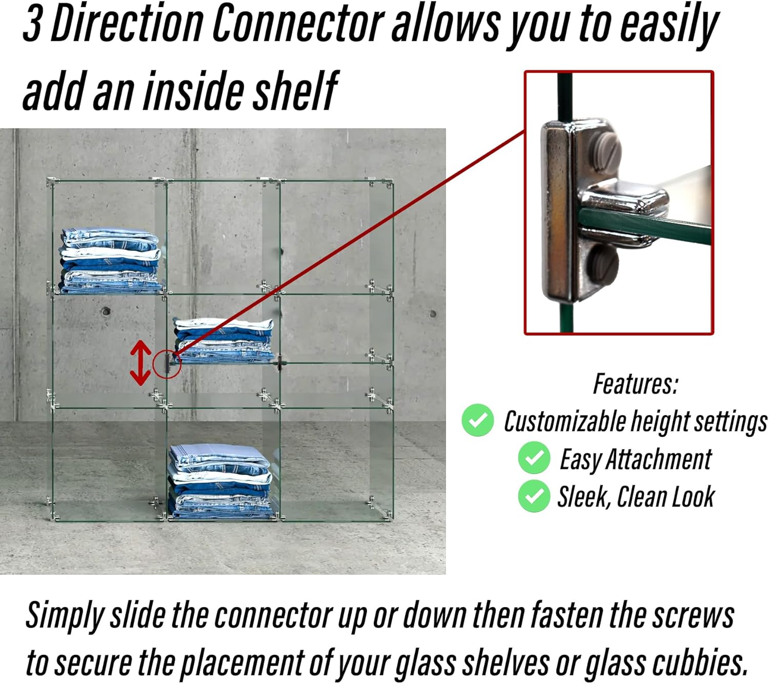 3 Way Glass Cube Connector to Add Adjustable Height Glass Shelf to 3/16" Thick Glass, 8 Pack
