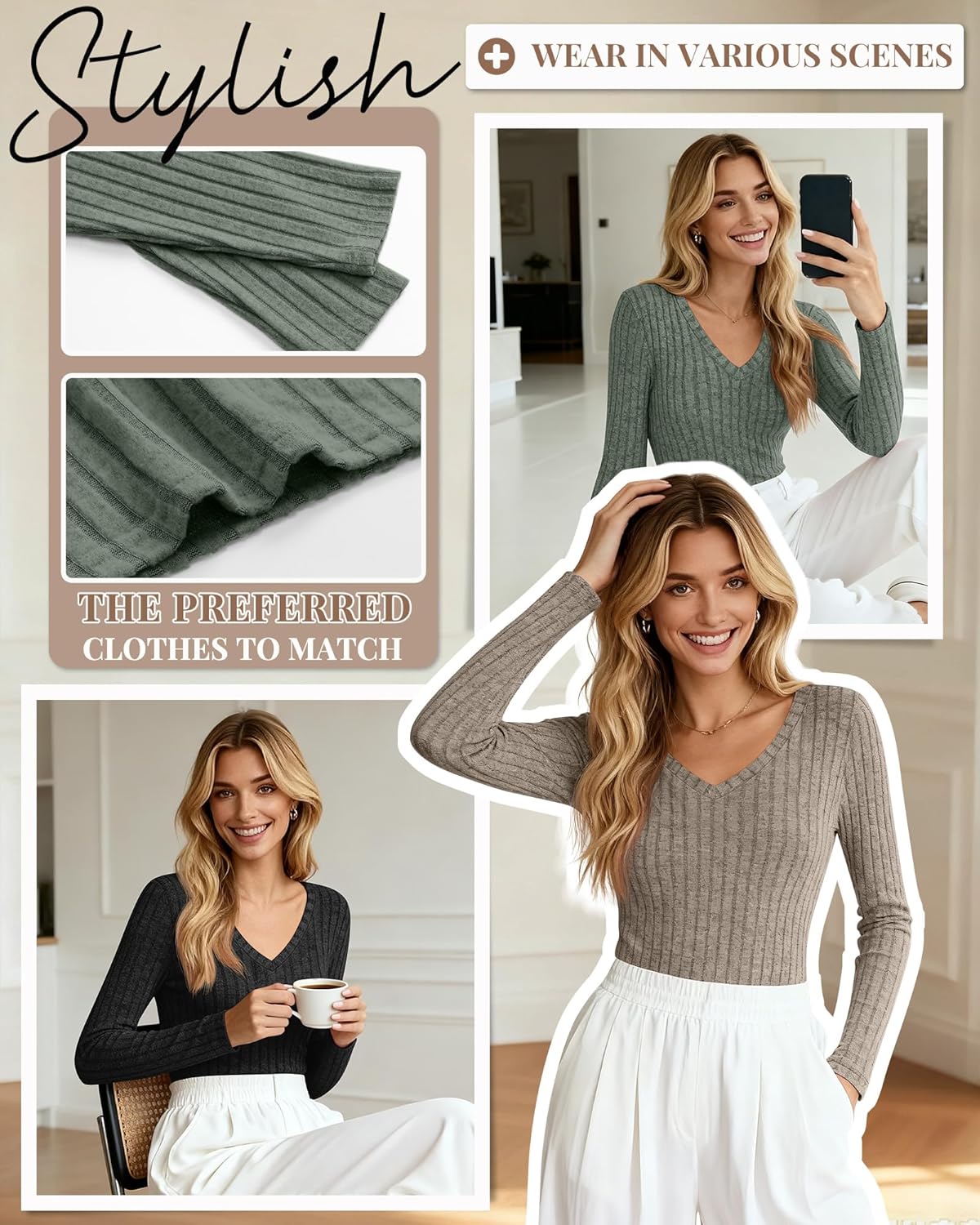 3 Pack Womens V Neck Sweaters Long Sleeve Ribbed Fitted Shirts Pullover Lightweight Sweater Thermal Fall Layer Top - Image 2