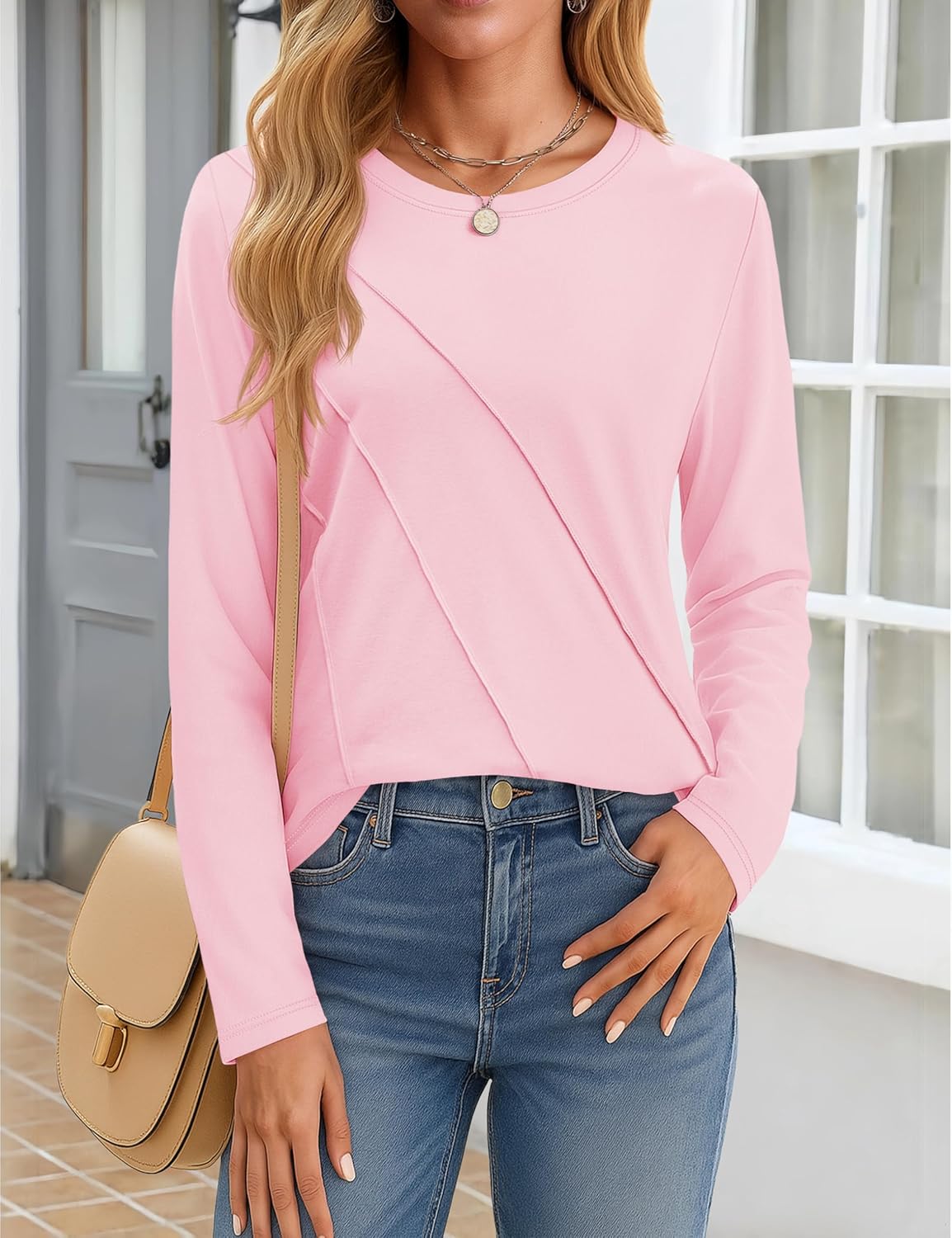 YUCOLEN Long Sleeve Shirts for Women Pleated Crew Neck Cotton T Shirts Solid Color Soft Casual Basic Tees Fall Trendy Tops - Image 2