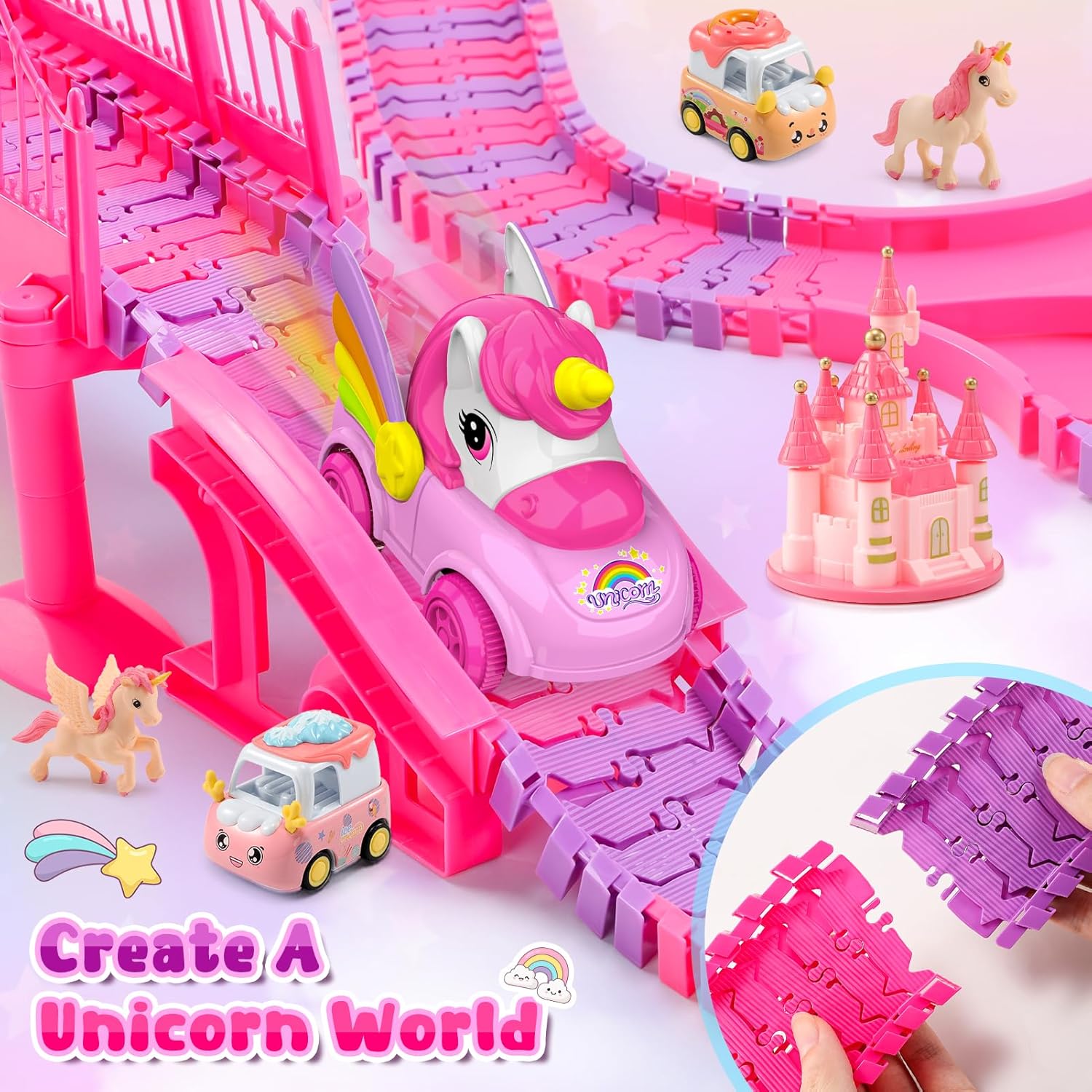 Unicorn Toys Car Track for Kids Girls 4-6: 232 PCS Unicorn Monster Truck Race Track with 2 Pull Back Cars Toys for 3 4 5 6 7 Year Old Girl Toddler Easter Birthday Gifts for Girl 3-5 6-8