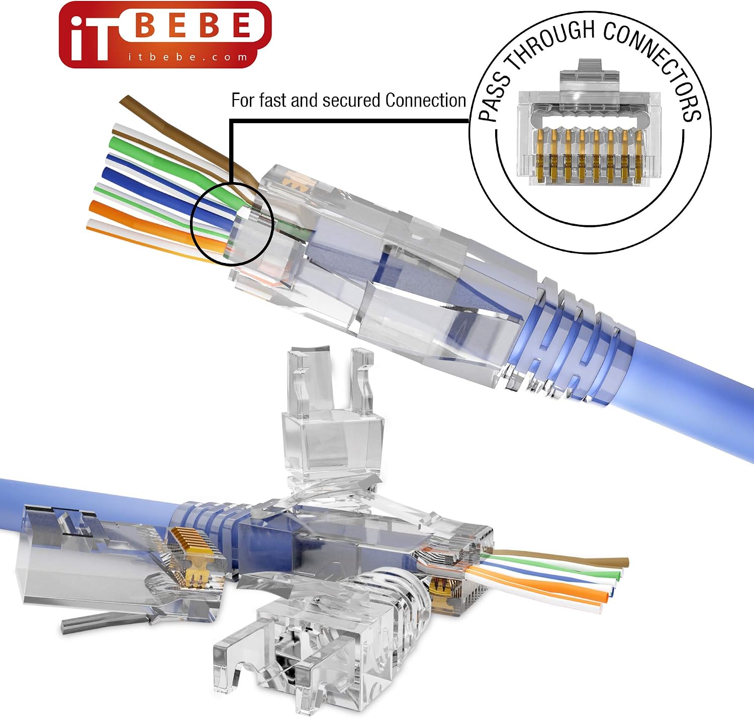 ITBEBE 30/30 RJ45 Cat6 Pass Through Connectors for 24 AWG Cables - 30 Cat6 Passthrough Connector Ends and 30 RJ45 Connectors Clear Strain Relief Boots for Clean, snag-Free Ethernet Patch Cord