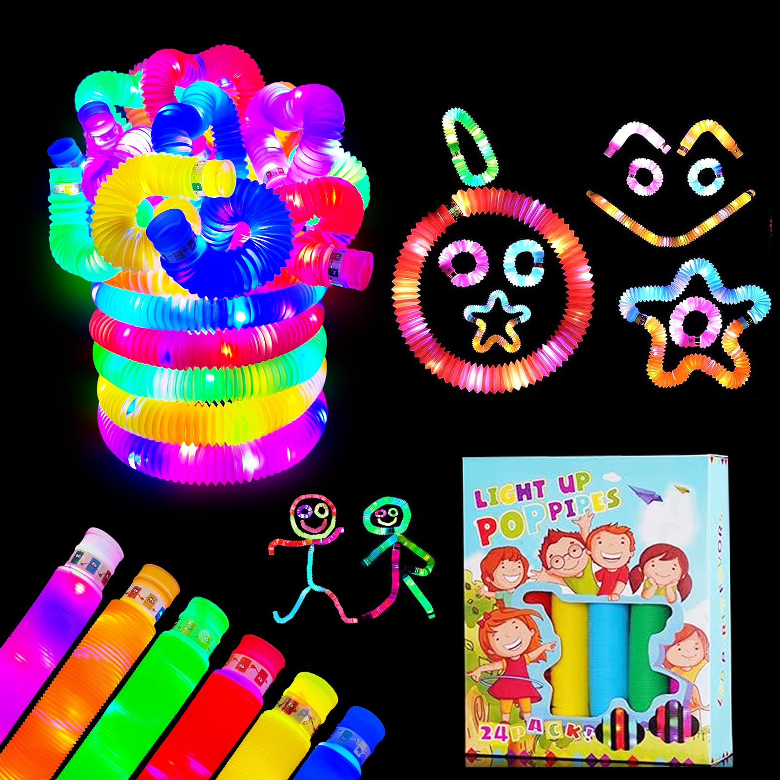HAPTIME6 Pack Glow Sticks Party Favors for Kids 4-8 8-12 , Glow In The Dark Party Supplies, Light Up Pop Tube, Glow Sticks Bulk Party Pack for Halloween Decor Birthday Christmas Goodie Bags Stuffers