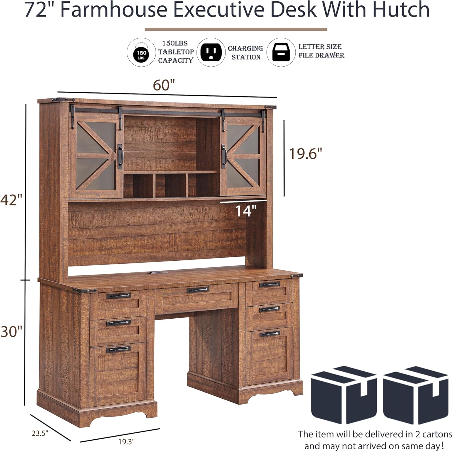 Diagram showing the dimensions of the RedLemon 60 inch Farmhouse Desk with Hutch, including width, depth, and height.