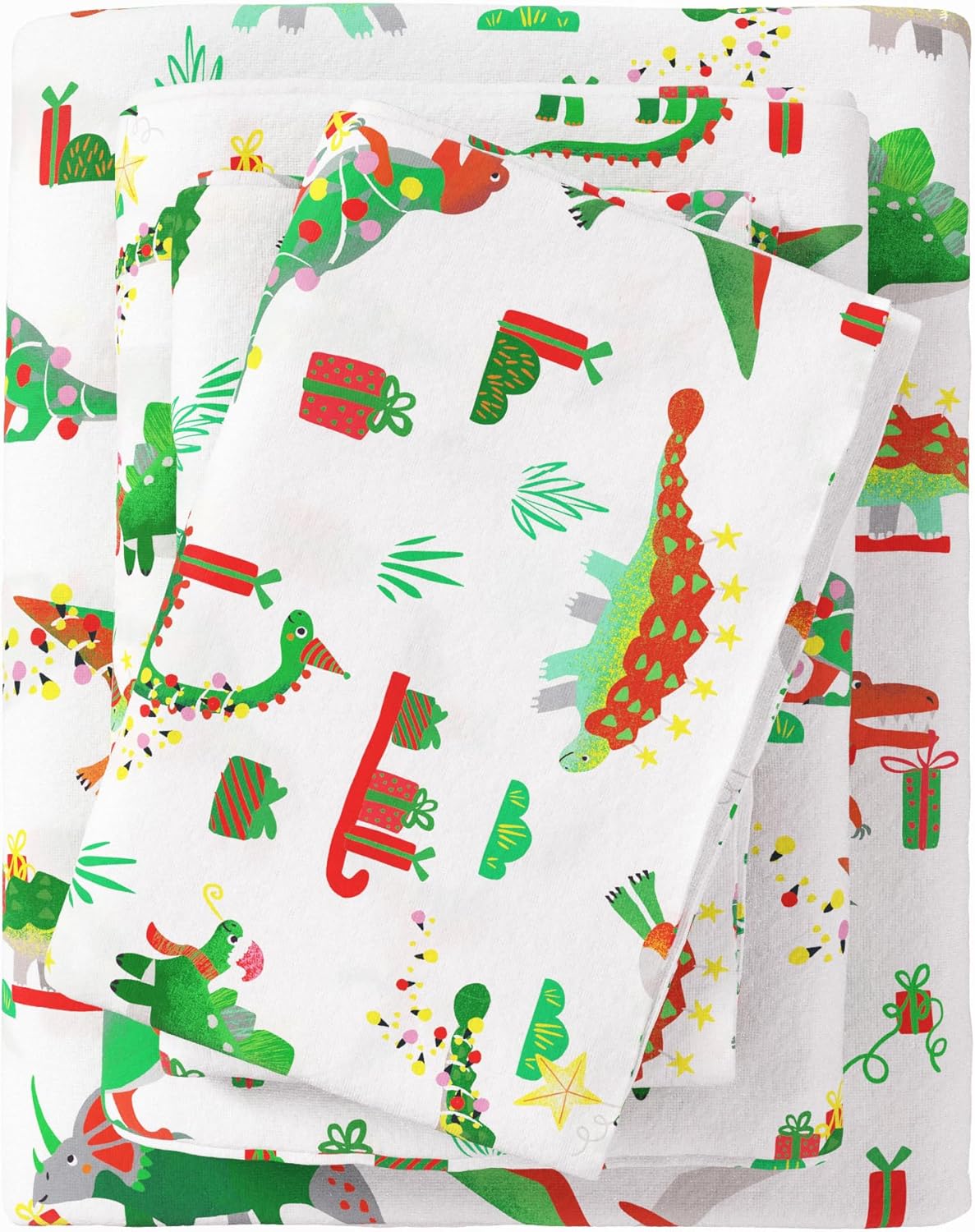 Great Bay Home Christmas Flannel Sheet Set Full Size - 100% Turkish Cotton, Double-Brushed, Winter Bed Sheets - Ultra-Soft, Cozy, 4-Piece Bedding Set (Dinosaur)