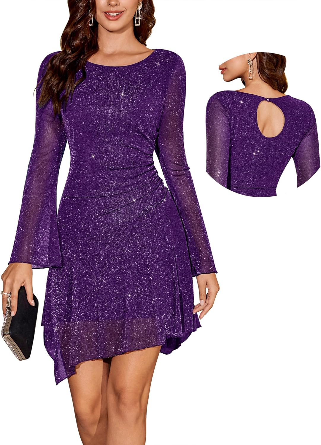 Aupuls Sparkly Dresses for Women Ruched Waist Modest Homecoming Dress Bell Sleeve for Cocktail Party