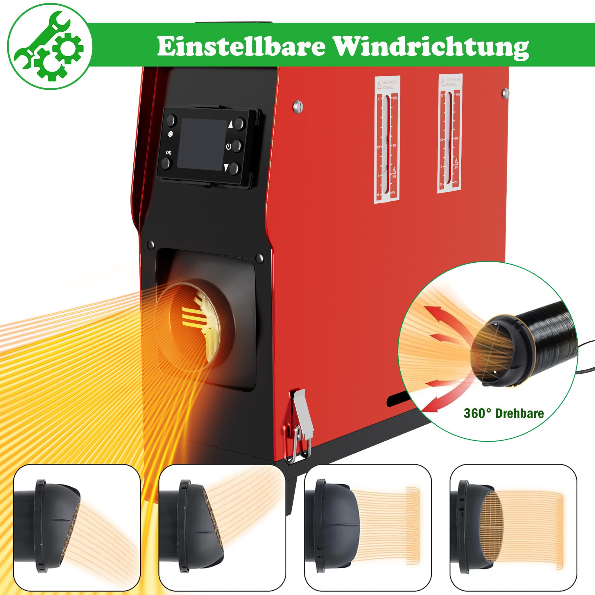 SUBTLETY 12V 8kW Chauffage Diesel 0.18-0.48 L/h Réchauffeur D'Air Diesel Autonome avec Télécommande Moniteur LCD et Silencieux pour Voiture Camion RV Camping-Car Bateaux Bus (Rouge, Type B)