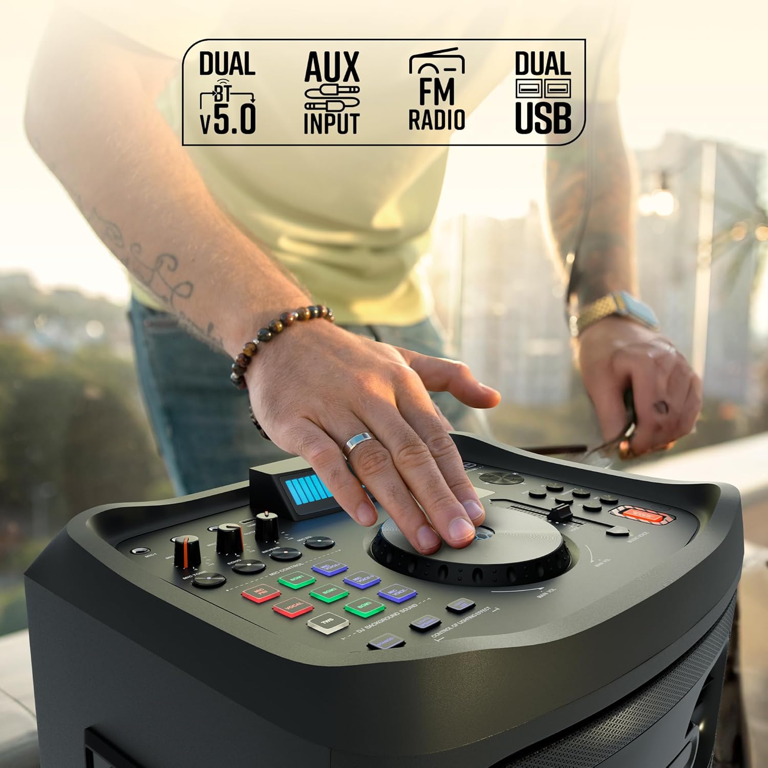 Close-up of the ZEBRONICS Riser speaker's top control panel with various knobs and buttons