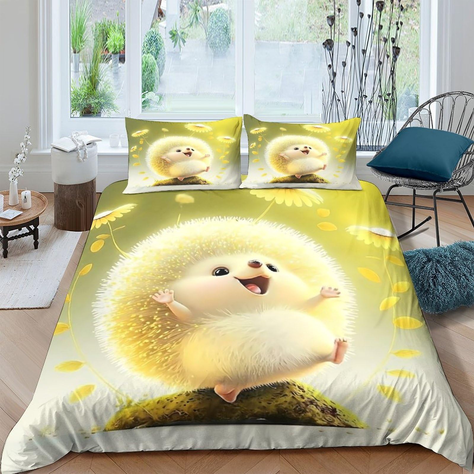 Ctjqhvkz Style-3 3D Printed Cute Hedgehog Fitted Sheet Microfiber Yellow Cartoon Animal Bed Cover For Bedroom Guest Room Decor Mattress Protection Single（135X200cm）