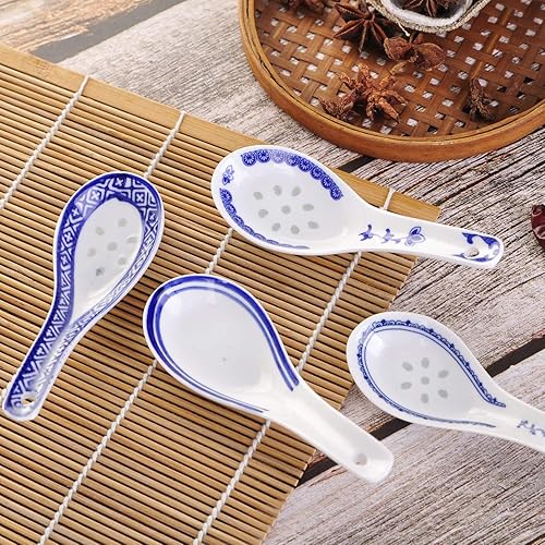 Miniatura 6 de VanEnjoy Juego de 4 cucharas de sopa de cerámica chinajaponesa, cuchara de cerámica tradicional azul y blanca adecuada para sopa