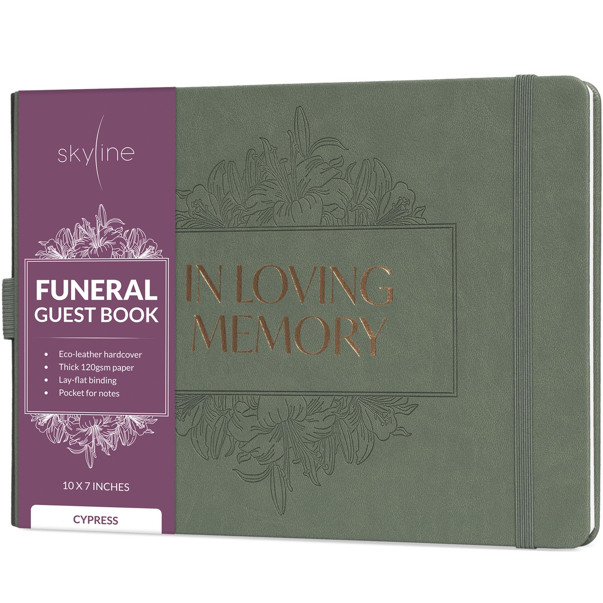 Skyline Funeral Guest Book for Memorial Service – In Loving Memory Guest Sign In Book for Funerals – 610 Entries, 10x7″ (Cypress)