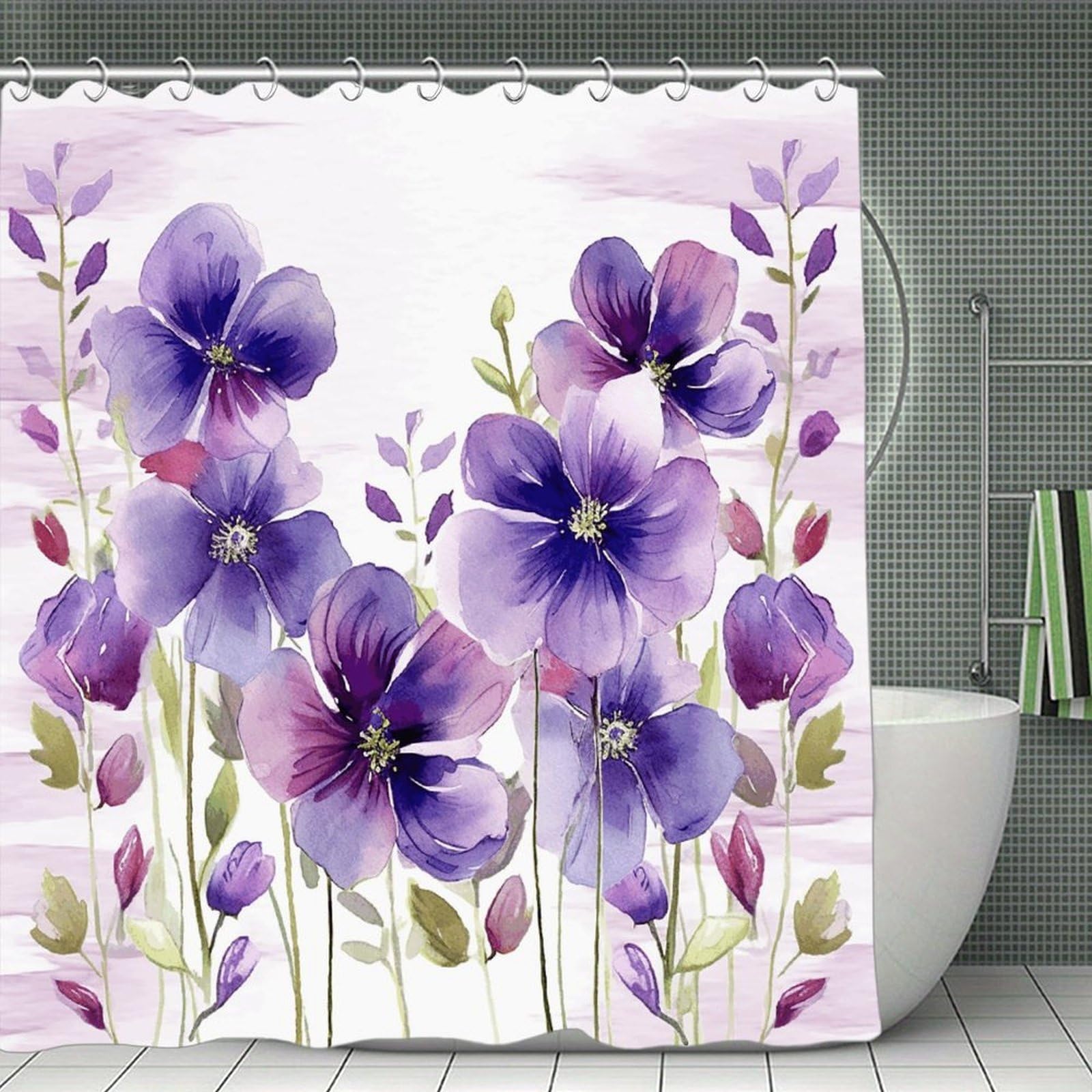VstaDank Watercolor Purple Flowers Bath Curtain Elegant Heavy Duty Shower Curtains 70x70 in Rustic Farmhouse Cloth Shower Curtains Neutral Modern Bath Curtain for Bathroom