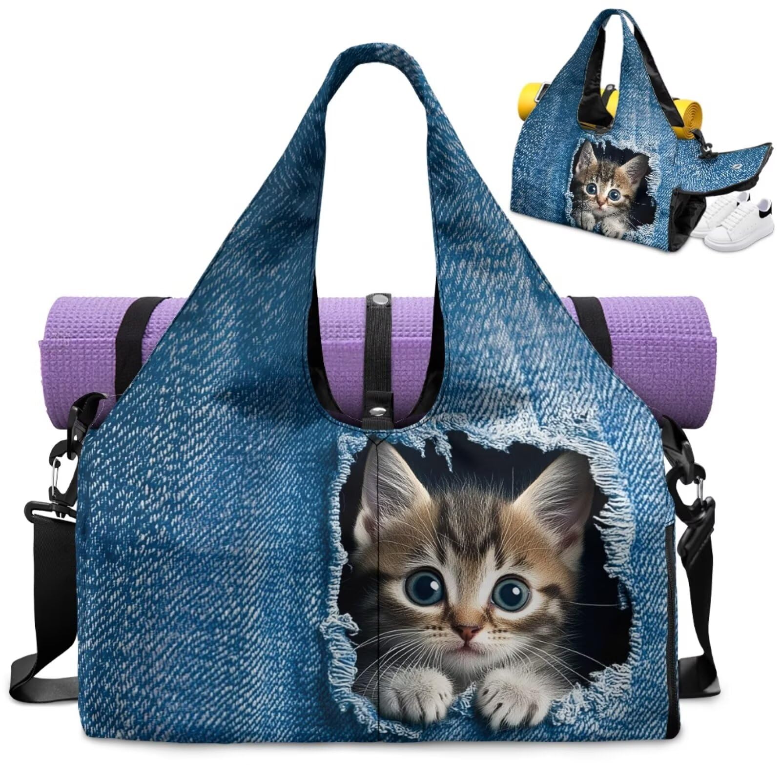 Dngkaoje Denim Cat Print Women's Gym Tote Bag Gym Bag with Shoe Compartments and Yoga Mat Holder Sports Duffle Bag with Adjustable Strap,Animals Cat Sports Bags Pilates Shoulder Tote Bag — image 1