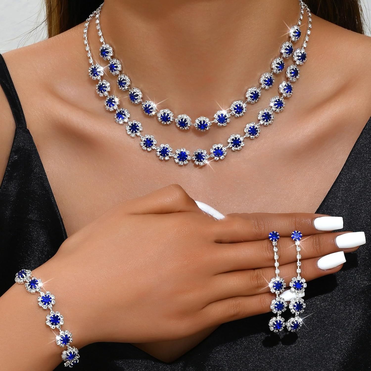 Rhinestone Prom Jewelry Set for Women Sparkly Crystal Necklace Earrings Bracelet Set Wedding Brides Bridesmaid Jewelry Sets Costume Accessories - Image 3