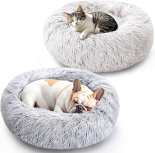 Paquete de 2 camas para perros y gatos, camas para gatos de 20 pulgadas para gatos de interior, cama calmante en forma de dona para cachorros y