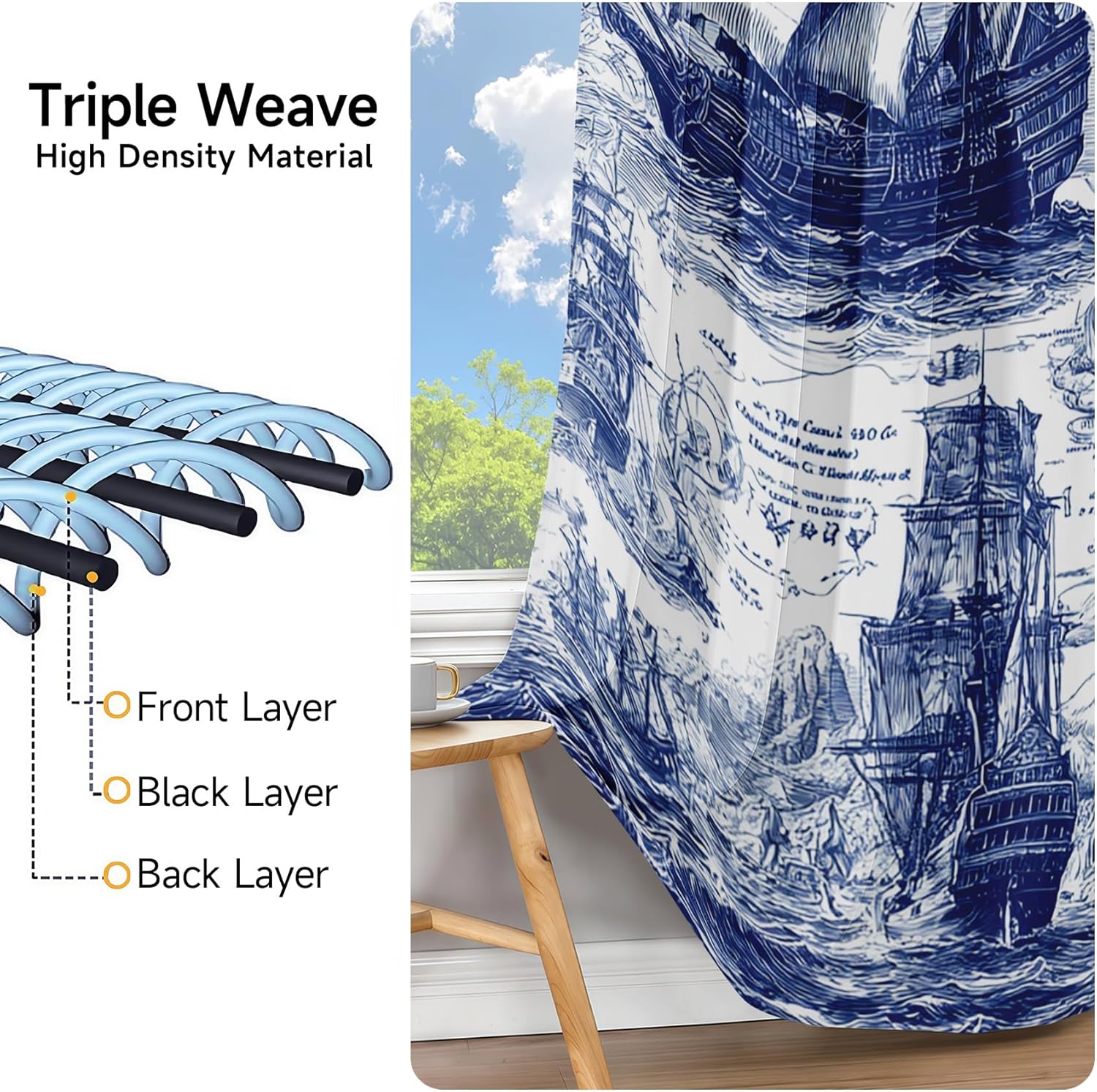 Sailboat Compass Curtains 72 Inch Length - Nautical Map Drapes Darkening Thermal Insulation with Grommet - Ocean Waves Blackout Curtains for Bedroom Living Room 2 Panels - 42 x 72 Inch