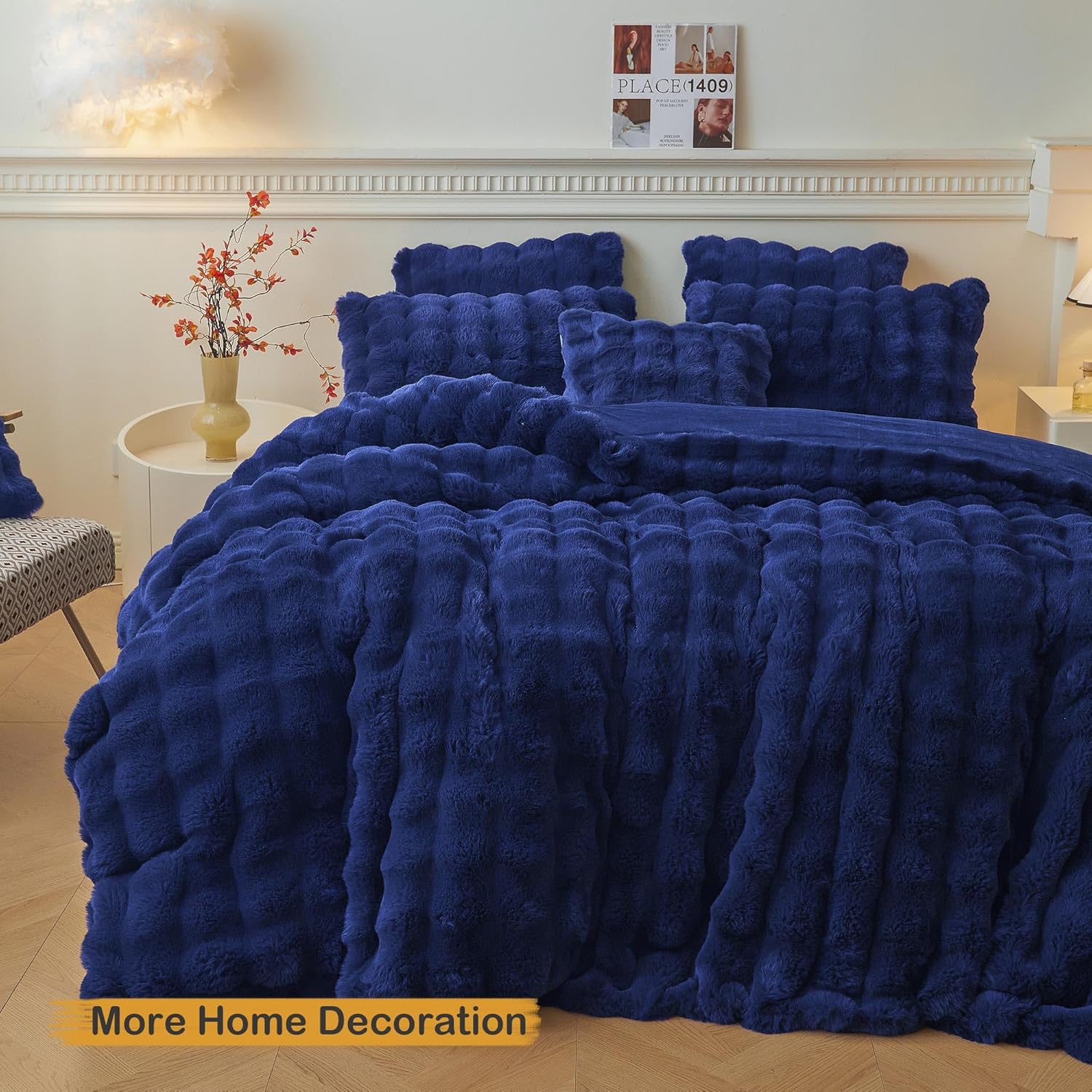 LIFEREVO 2 Pack Fluffy Faux Rabbit Fur Pillow Cases, Luxury Soft Plush Shaggy Bubble Pillowcases Standard Size with Zipper Closure, Furry Fuzzy Pillow Shams for Bedroom Living Room 20x26, Navy Blue - Image 7