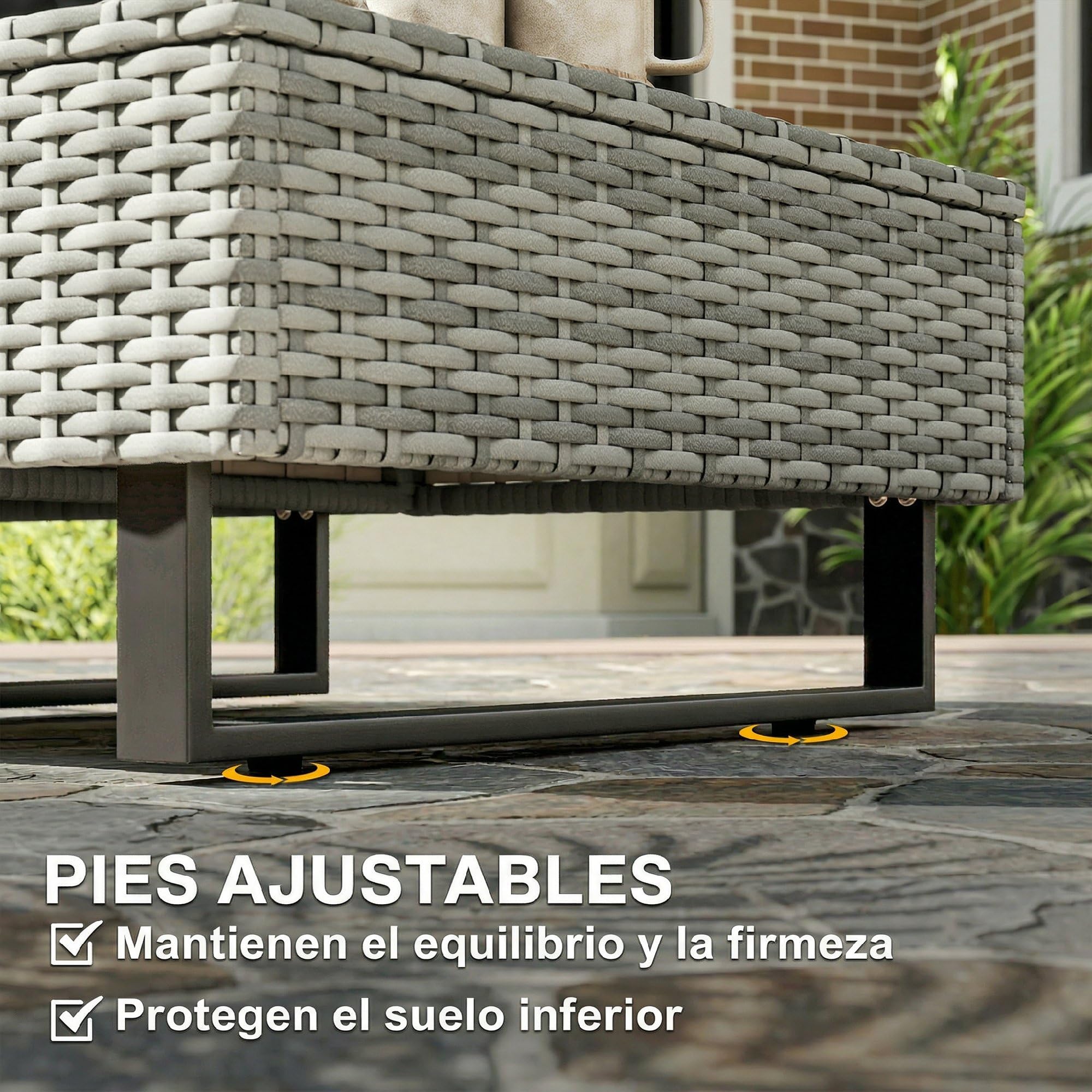 Outsunny Conjunto de Jardín de Ratán de 3 Piezas Respaldo Ajustable Gris | de Terraza, Conjunto Jardín Exterior, Incluye Cojines, Sofá de 3 Plazas, Sofá de 2 Plazas, Mesa de Madera Plástico