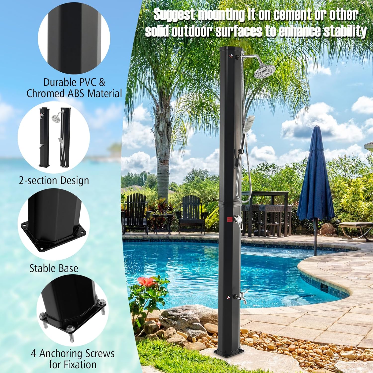 Diagram showing the Goplus solar shower's durable PVC and chromed ABS material, 2-section design, stable base, and four anchoring screws for fixation.
