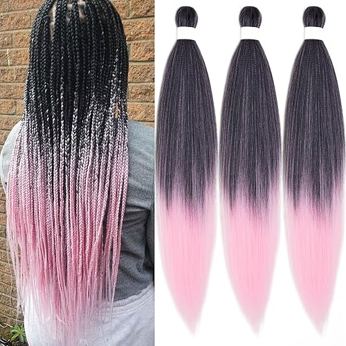 Cabello trenzado preestirado, color negro y rosa, extensiones de cabello preestirado para trenzar caja, trenzas de ganchillo, cabello trenzado