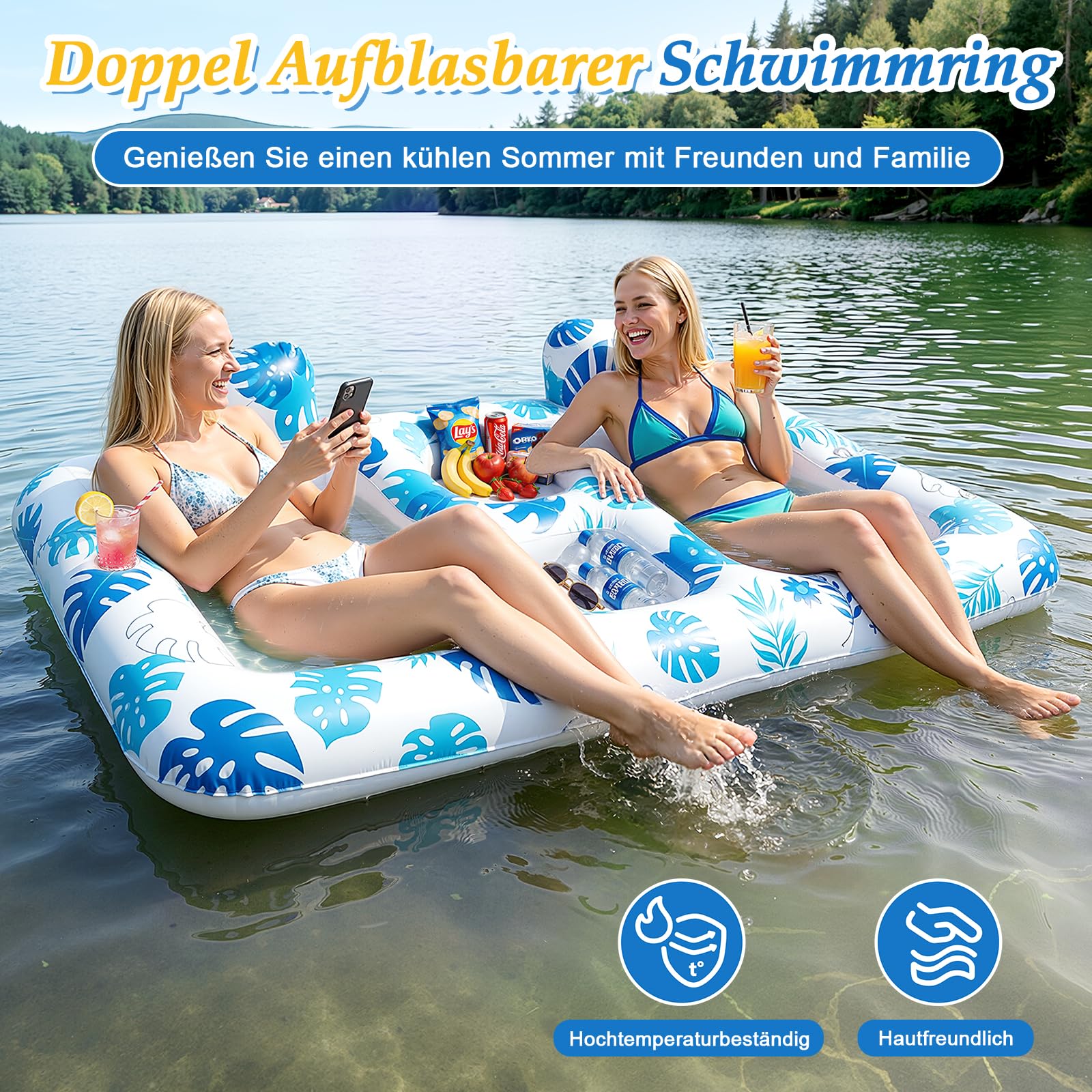JONRRYIN Luftmatratze Pool, Doppelte Deluxe Luftmatratze Wasser Erwachsene, Groß Solarium Tanning Pool Matratze mit Kissen Praktischem Ablageplatz für Wasser Party Strand Sommerspaß