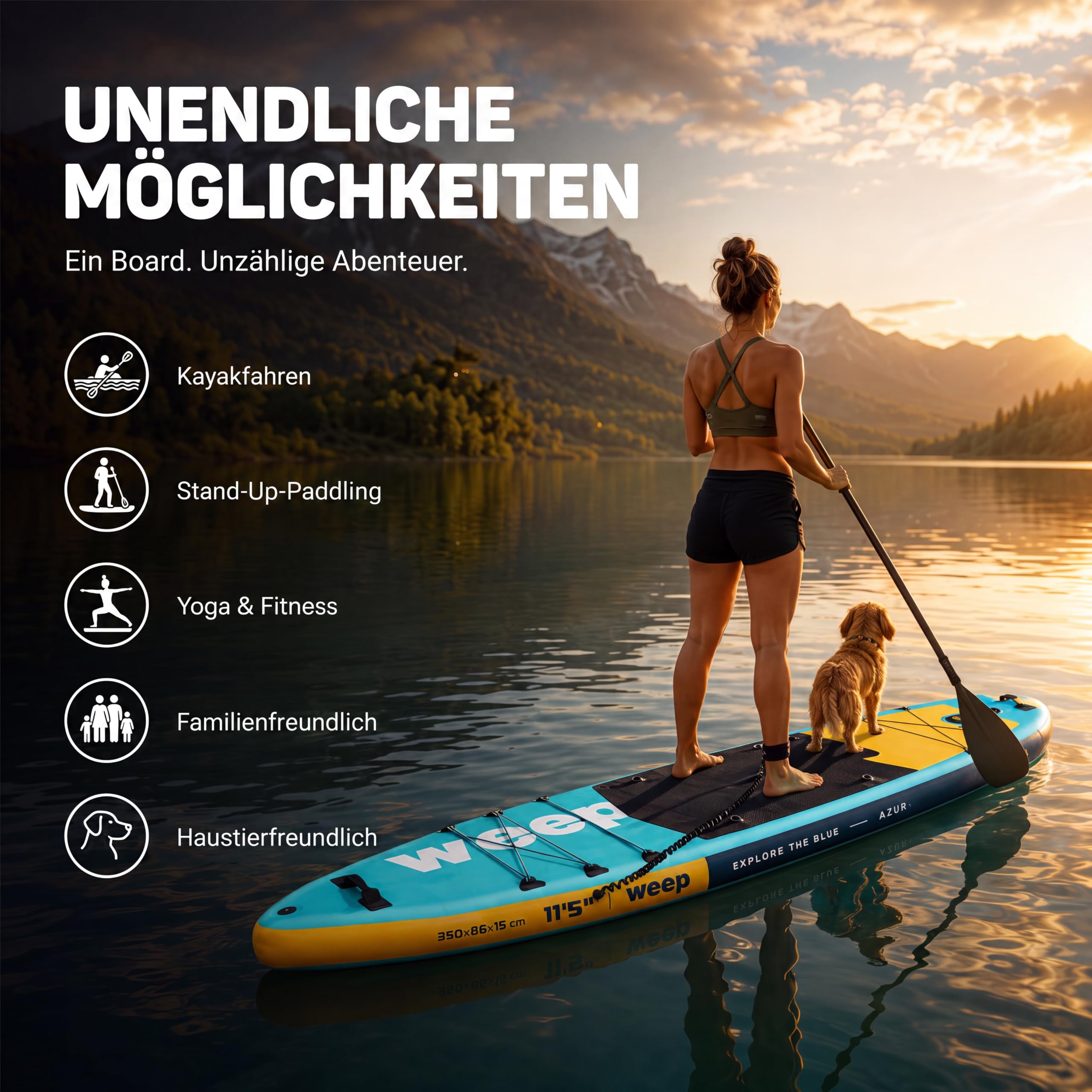 weep Stand Up Padding Board aufblasbar 365cm & 350cm & 320cm, SUP Board - mit 2in1 Aluminium Paddel, Pumpe, Rucksack, Leash, 3 Finnen, stabiles Paddle Board Komplettset - für Touring, Yoga & Freizeit