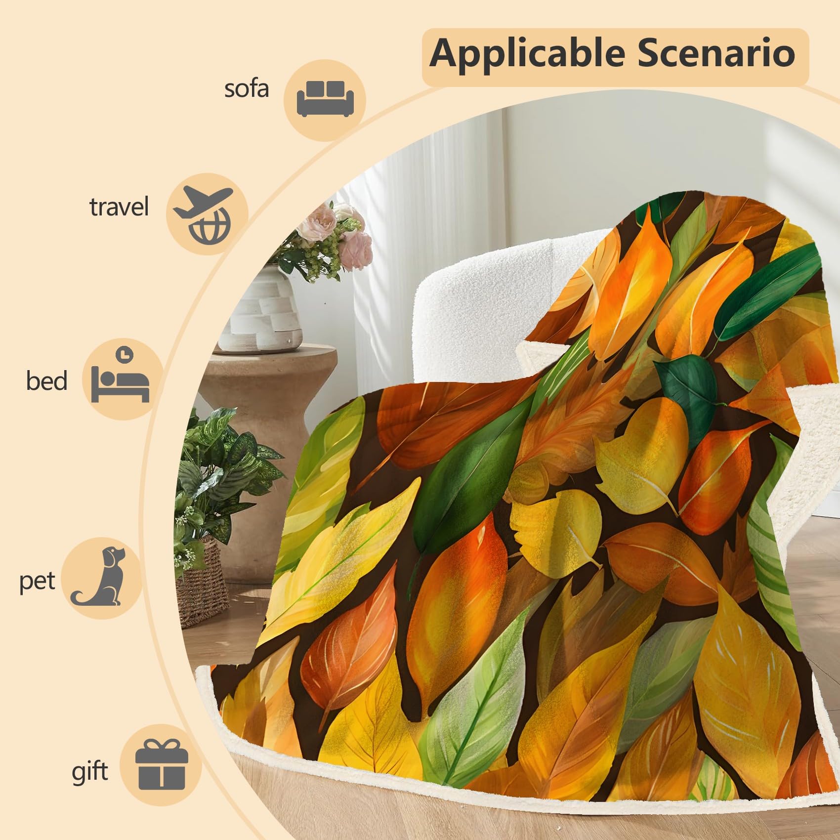 Gelbgrüne Blätter Sherpa Decke 130x170 cm – Warme & flauschig, Brown Kuscheldecke für Kinderzimmer, Sofa oder als Bein-Decke, Weiche Wohndecke zum Relaxen
