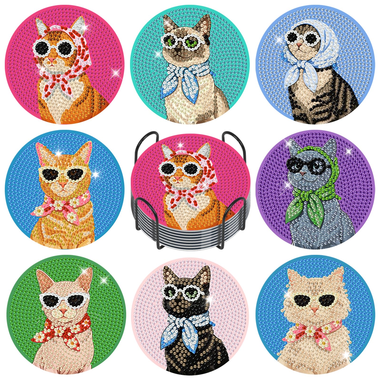 GEEHEIY 8 Pcs Cartoon Cat Diamond Art Coasters Kit for Adults, DIY 5D Diamond Painting Coasters with Holder, Funny Cat Gem Art Craft Kit for Cat Lovers, Home Décor & Housewarming Gifts
