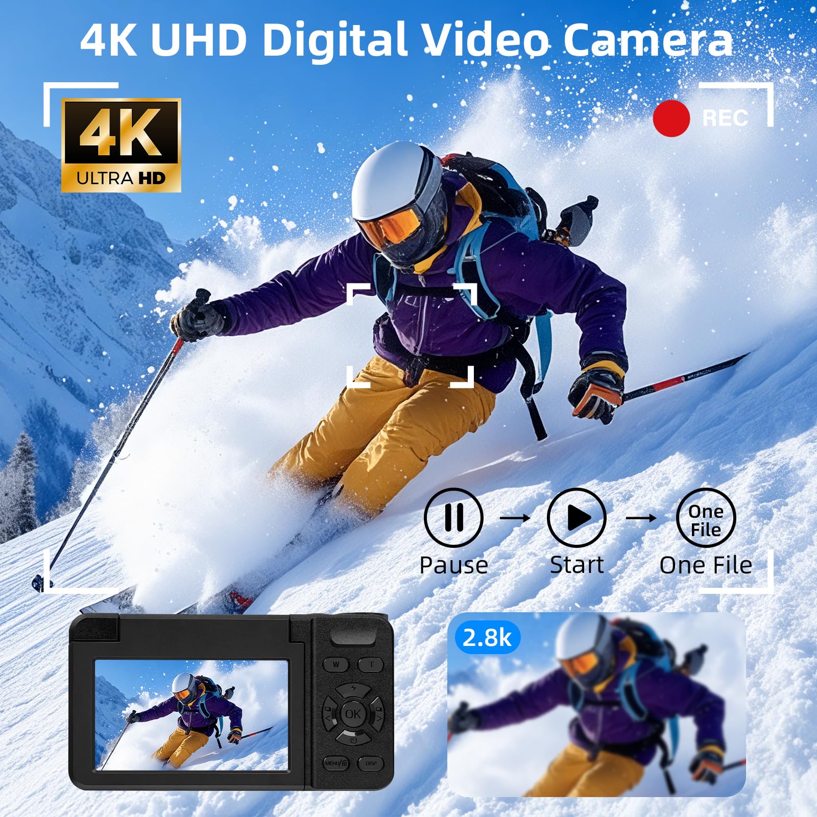 4K 64MP Digitalkamera mit Beauty Licht & Schönheitsmodus Autofokus Kamera Fotokamera Kompakte Vlogging Kamera 3 Zoll 180° Flip Bildschirm 18X Digitalzoom 20 Filter 32G Karte für Kinder Jugendliche