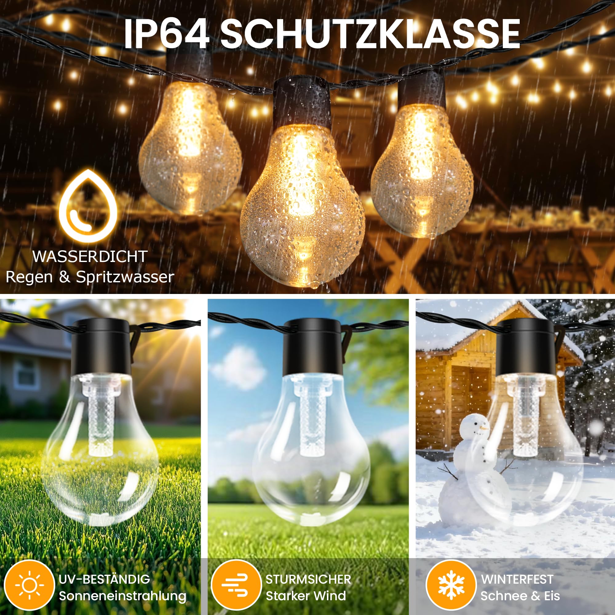 Cadena de luces LED para exteriores, con temporizador, 9 m, 12 bombillas A60, USB, recargable, 5000 mAh, para exteriores, Navidad, ventanas, escaleras, jardines, pabellones, bodas