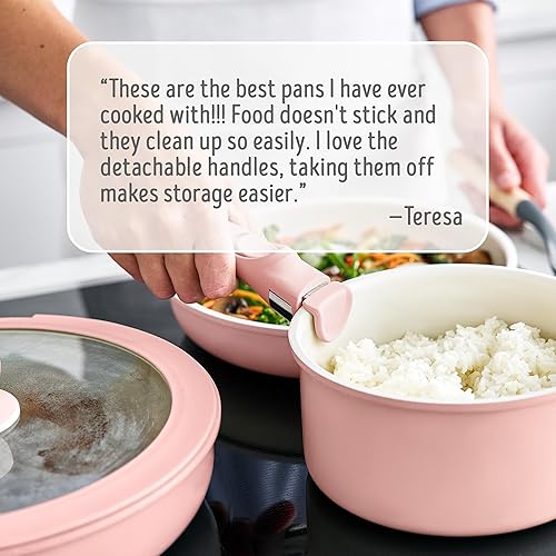 Miniatura 4 de GreenLife Juego de ollas y sartenes antiadherentes de 10 piezas, mango desmontable y apilable, sartenes de cocina no tóxicas sin PFAS, sartenes de