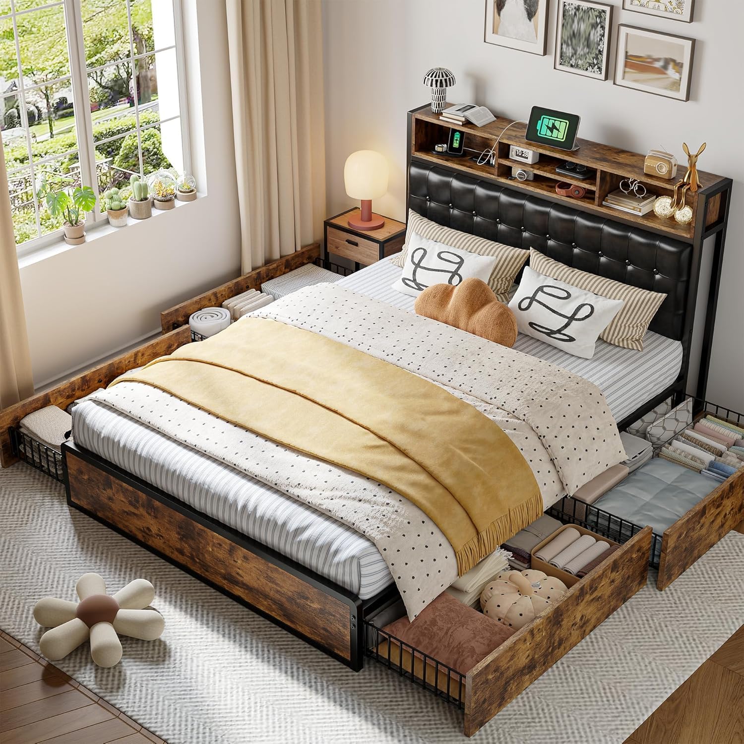 EnHomee Full Bed Frame with 4 Storage Drawers and Headboard, Upholstered Bed Frame Full Size with Charging Station, No Noise, Metal Support, No Box Spring Needed, Vintage Brown