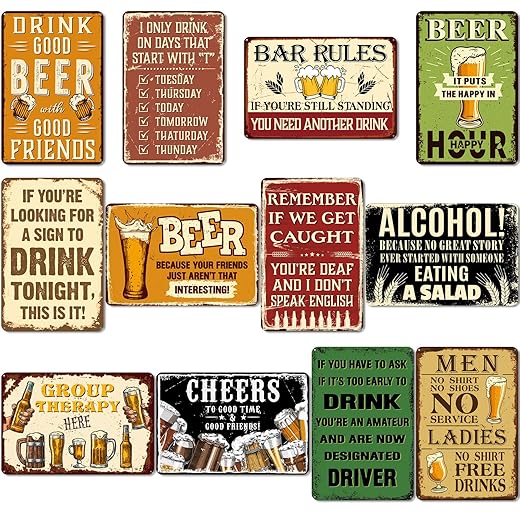 Silkfly 12 Pcs Funny Bar Signs for Home Bar Wall Vintage Metal Tin Signs Pub Wall Art for Man Cave Decor Garage Basement Decorations Retro Beer Posters, 8 x 12 Inch