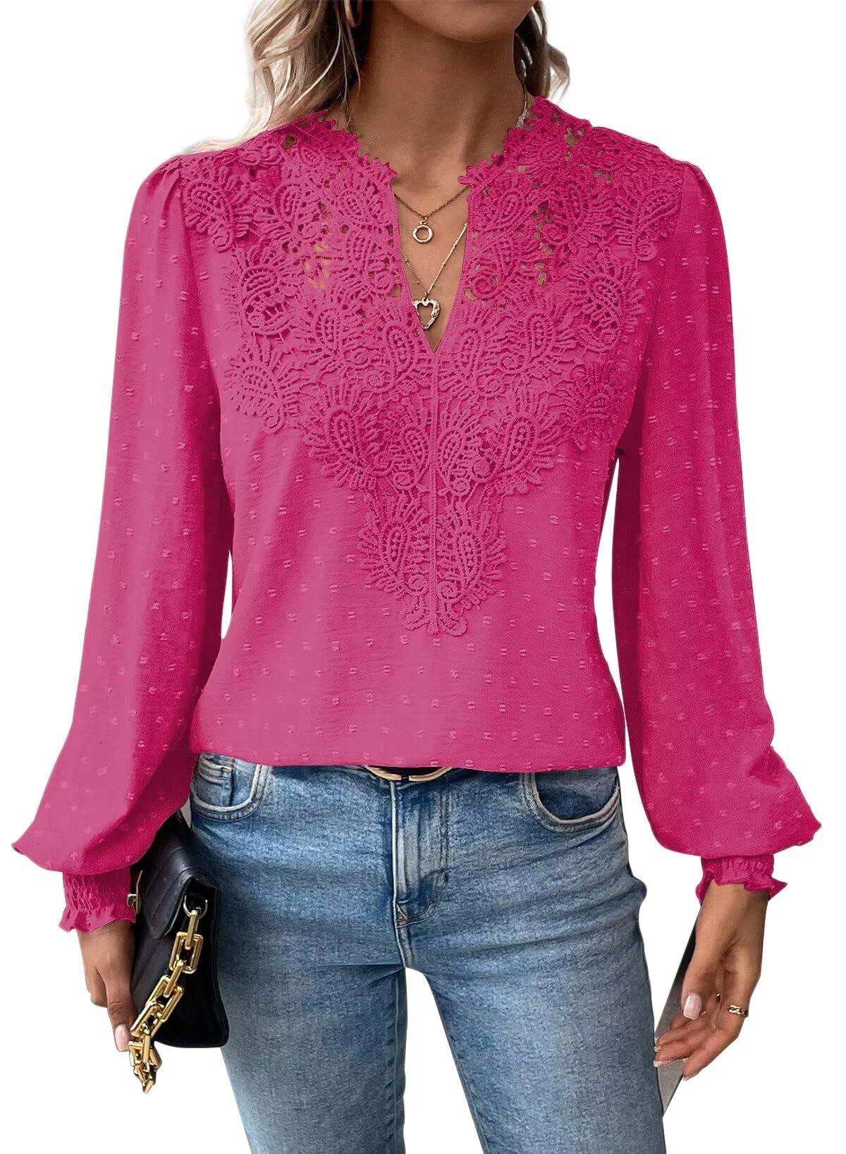 Falechay Womens Tops Swiss Dot Boho Long Sleeve Shirts V Neck Casual Chiffon Blouses Flowy Lace Hem Cute Clothing Trendy 2026