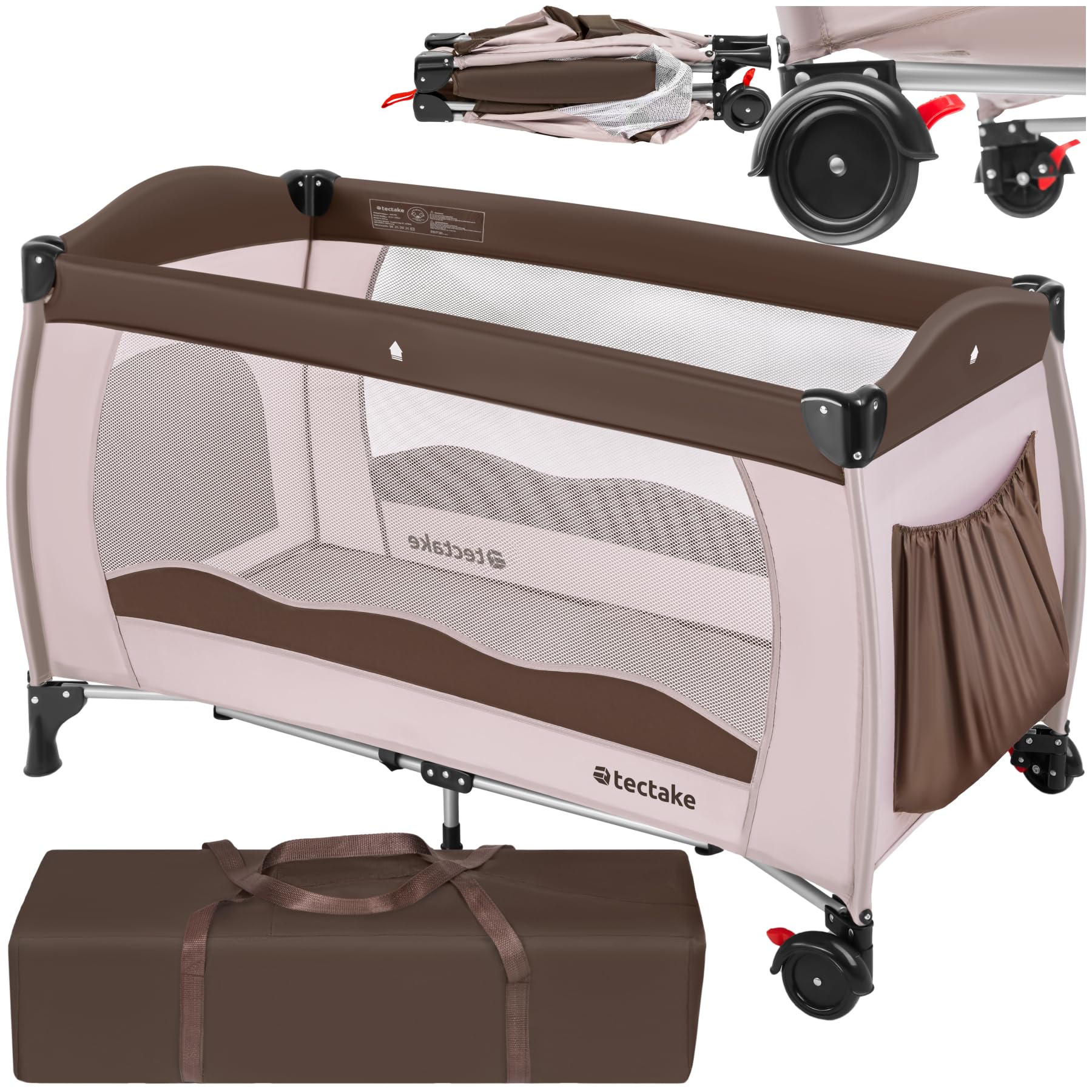 tectake® Lettino da Viaggio Bambini, Lettino Pieghevole con Borsa, Lettino Neonato Portatile, Lettino Trasportabile con Ruote, Letto Bambini Richiudibile, 126 x 65 x 80 Cm - Caffè