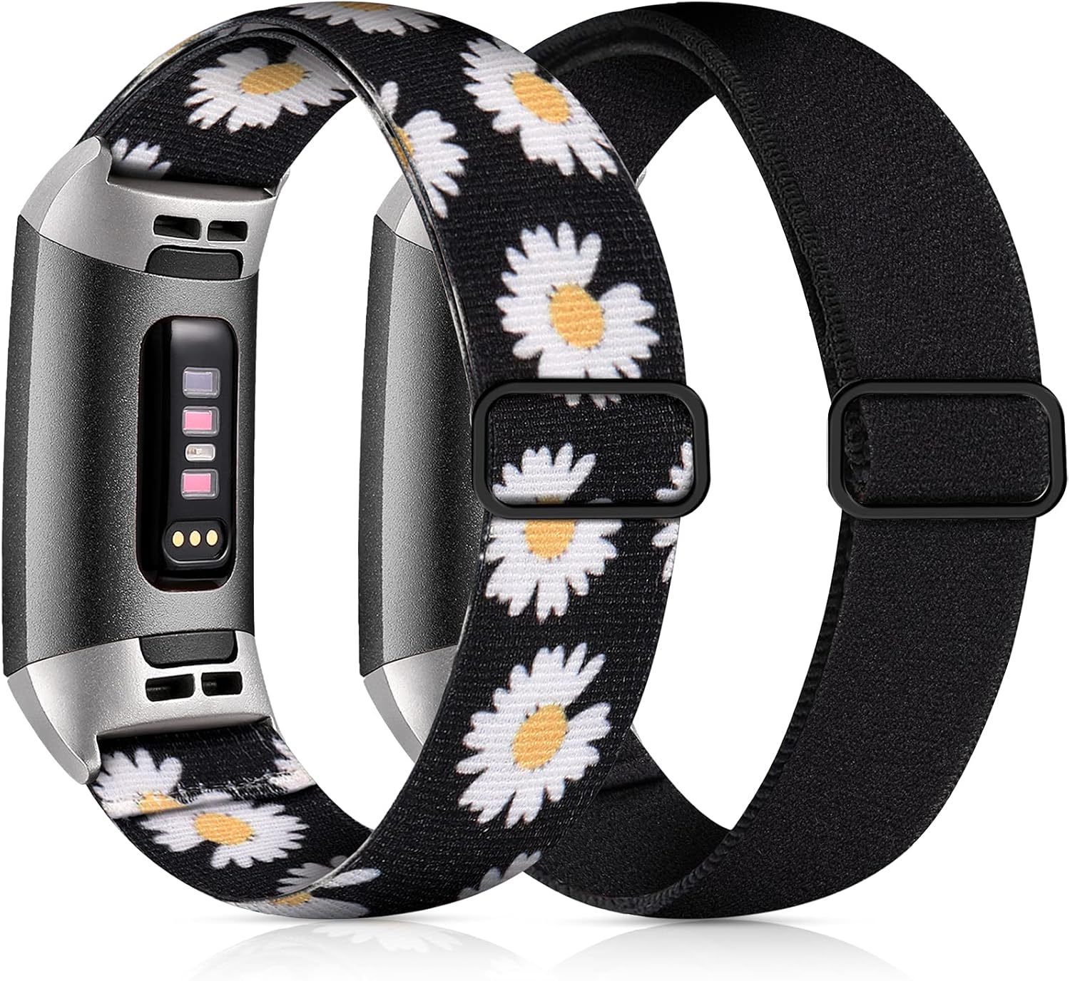 GEAK 2 Pack Compatible for Fitbit Charge 3 Bands/Fitbit Charge 4 Bands for Women, Adjustable Stretch Breathable Nylon Replacement Strap for Fitbit Charge 4/SE/Charge 3 Women Men Black/White Daisy