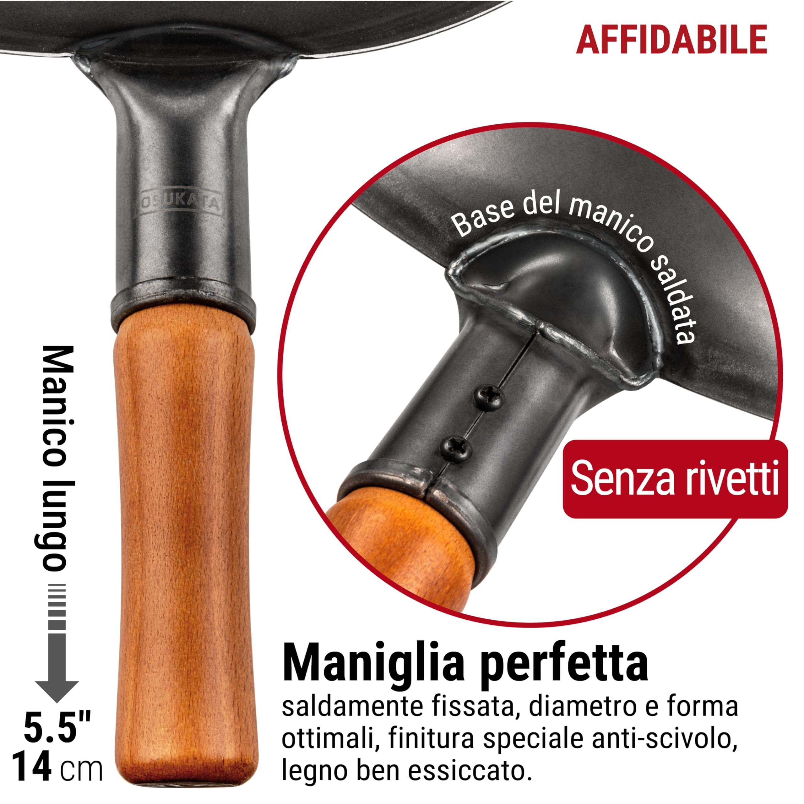 YOSUKATA Wok Padella Professionale 34 cm - Tradizionale Wok Acciaio al Carbonio Fondo Piatto Precondizionato Cinese Originale - Adatto a Gas, Induzione, Elettrico e Fuoco Aperto (Nero)