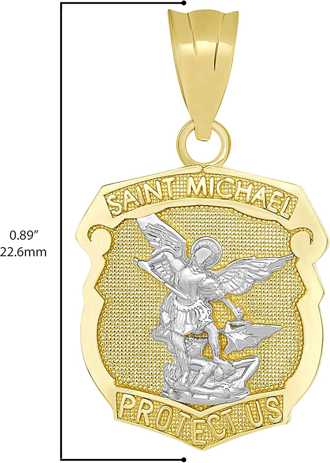 10K Yellow, White, Rose, or Two Tone Gold Saint Michael the Archangel Protect Us Shield Medal Necklace Pendant Charm