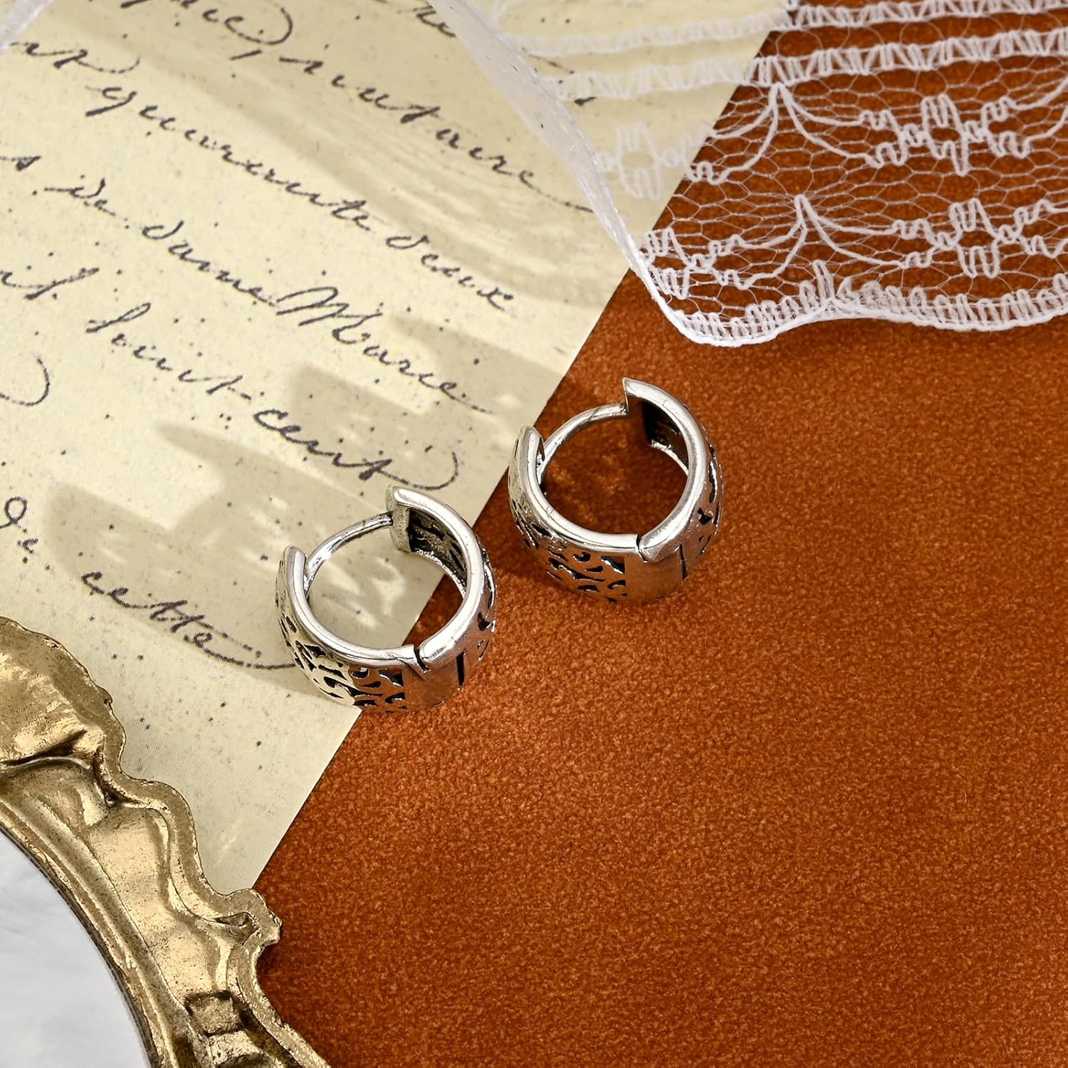 Silver Hoop Huggie Small Chunky Filigree Round Circle Simple Vintage Work Earrings for Women Office - Image 3