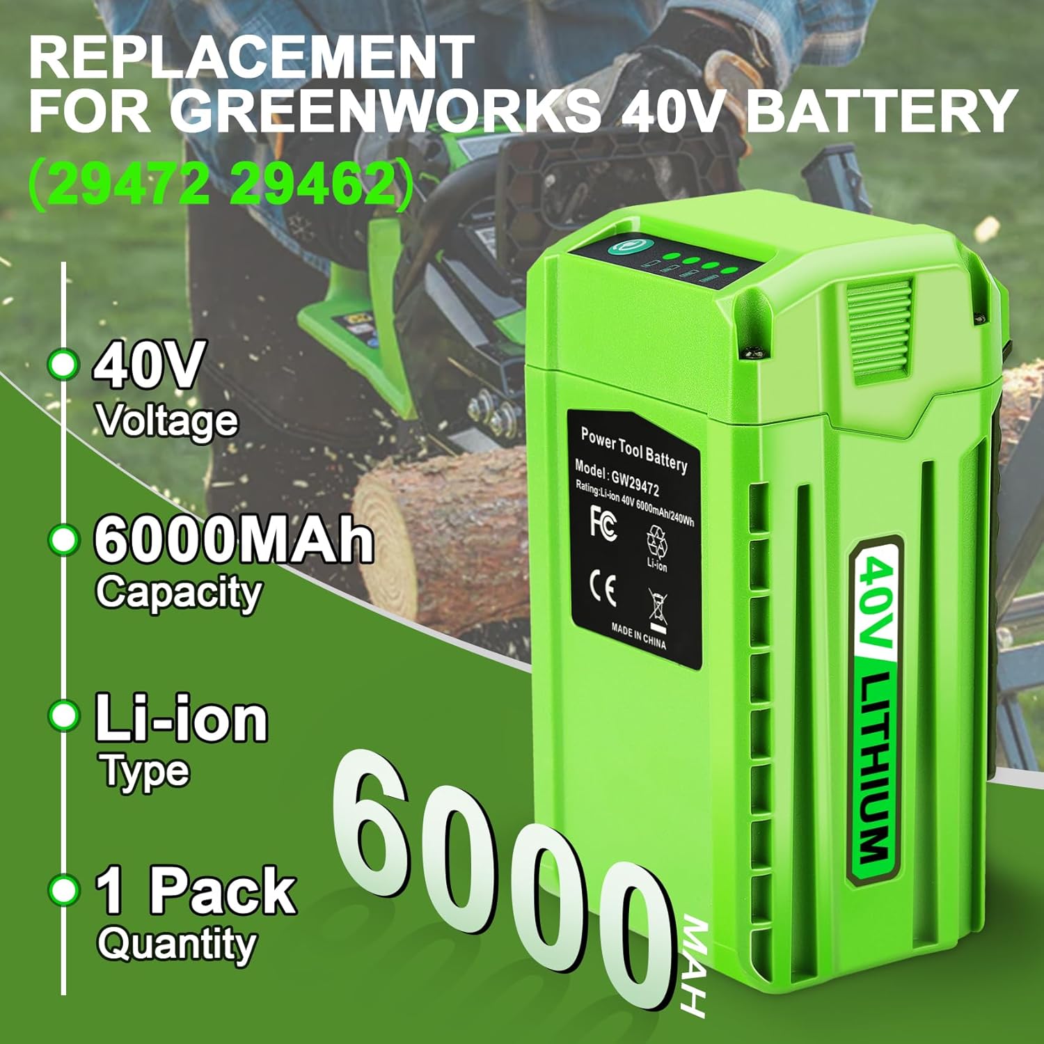 JYJZPB 40V 6.0Ah Lithium-ion Battery Replacement for Greenworks 40V Battery 29472 29462 29252 20202 22262 25312 25322 20642 22272 27062 21242 G-Max Cordless Power Tools(NOT for GEN 1)